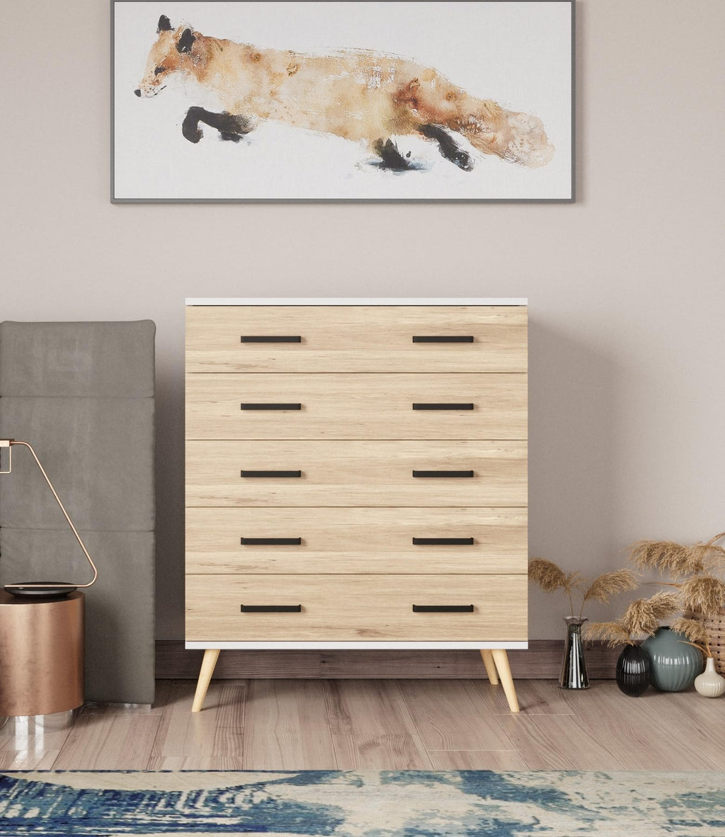Woodpeckers Furniture And Mattress Eli Mid-Century Modern 5 Drawer Chest (Dark Gray & Natural Oak)