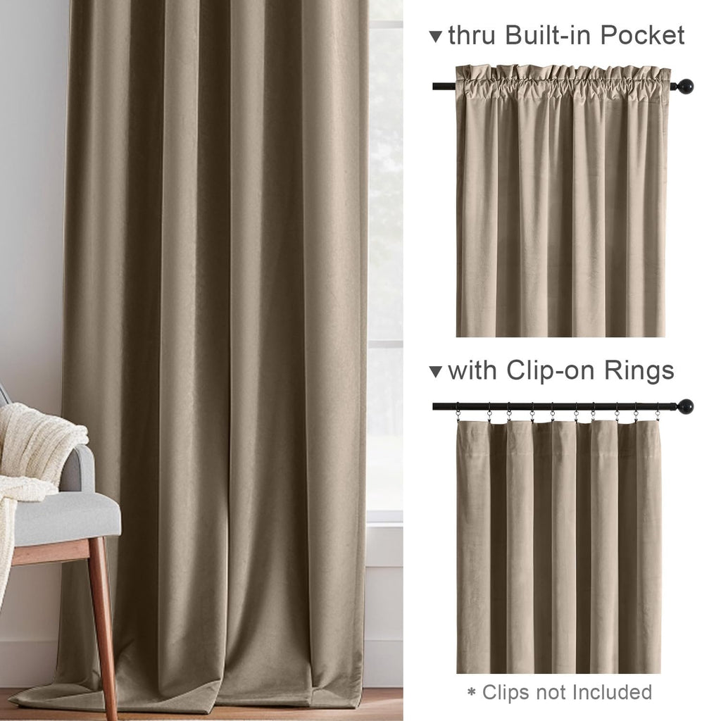 Lazzzy Tan Velvet Curtains Room Darkening Thermal Insulated Curtains 84 Inch Length Soundproof Noise Reducing Drapes For Bedroom Living Privacy Home Decor Rod Pocket, 2 Panels