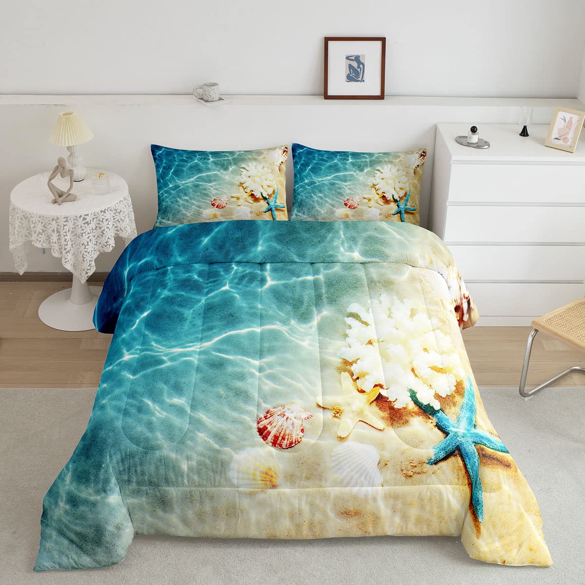 Ocean Comforter Set Full Beach Bedding Set Coastal Nature Theme Pattern Teal Duvet Set Boys Girls Hawaiian Quilt Sets Sea Wave A