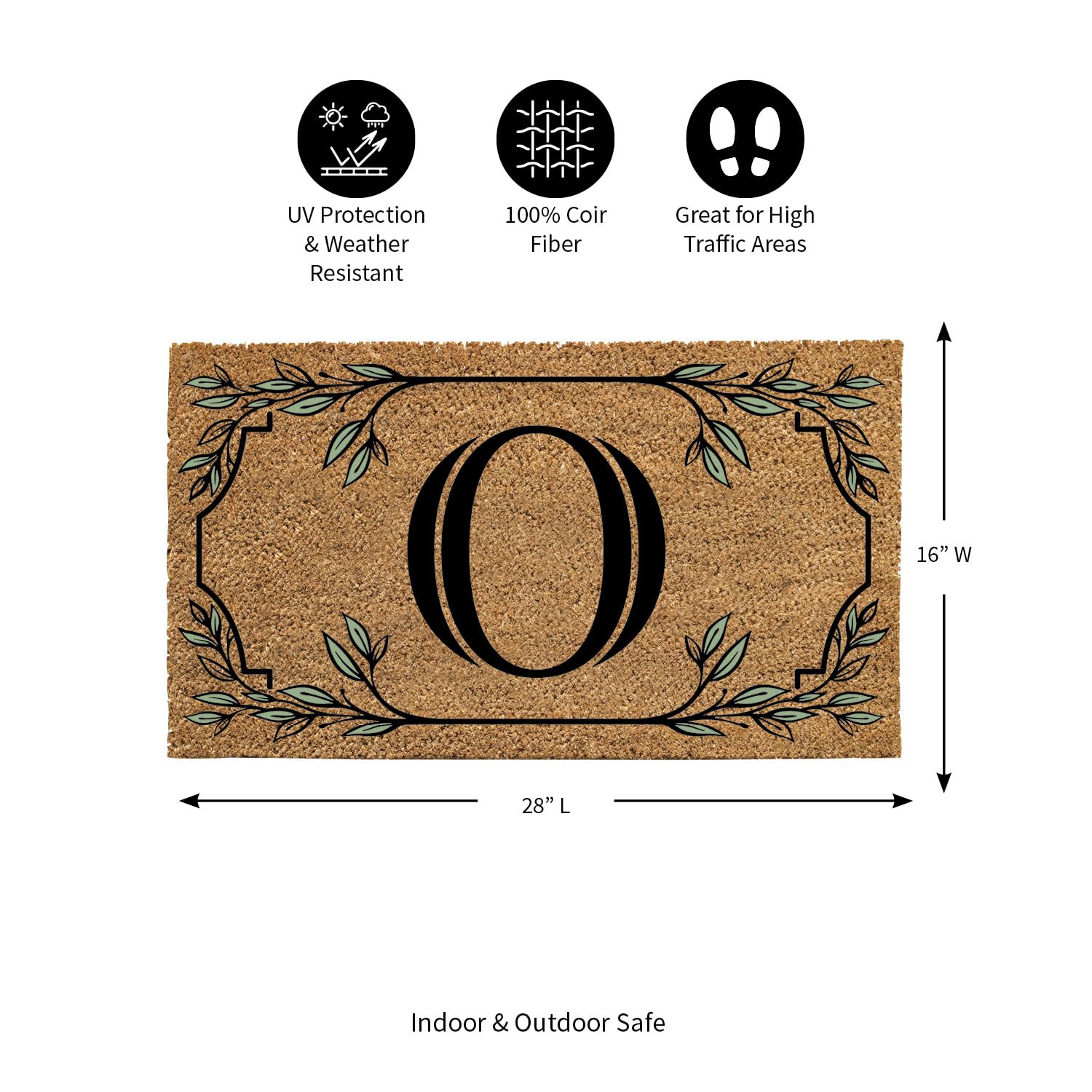 Evergreen Monogram Coir Doormat | Letter O | Front Door Mat For Outdoor Indoor Entrance | 28X16 Inches | Non-Slip Backing Doorwa
