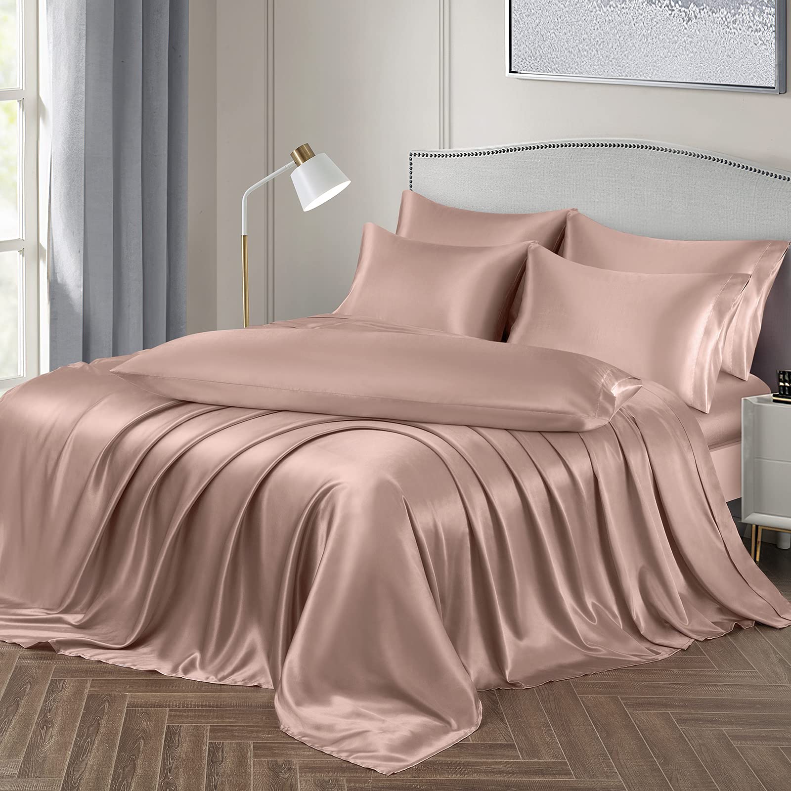 Ersmak 7 Pieces Satin Sheets Set California King Size, Luxury Silky Champagne Satin Bed Sheets Set With 1 Deep Pocket Fitted She