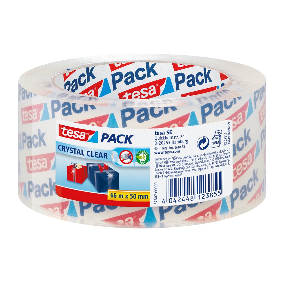 Tesa Pack Crystal Clear Packaging Tape - Silent Packaging Tape With Polypropylene Backing - Uv Resistant - Transparent Roll - 66