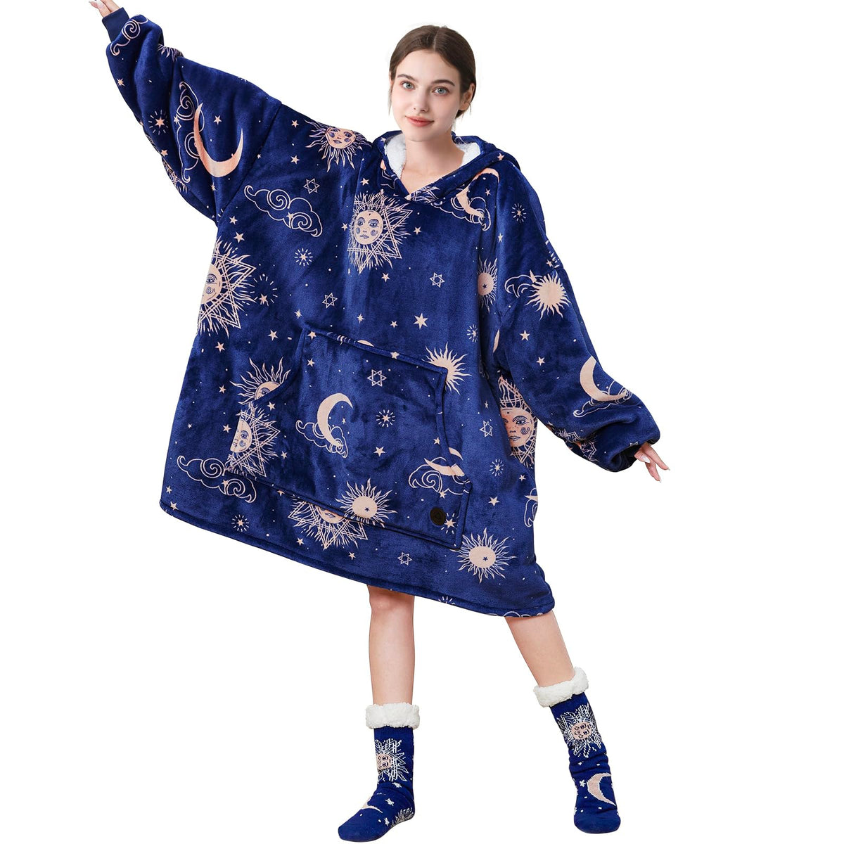 Three Poodle Wearable Blanket Hoodie With Slipper Socks Set, Oversized Sherpa Blanket Sweatshirt Hoodie For Women Men Kids, Chri