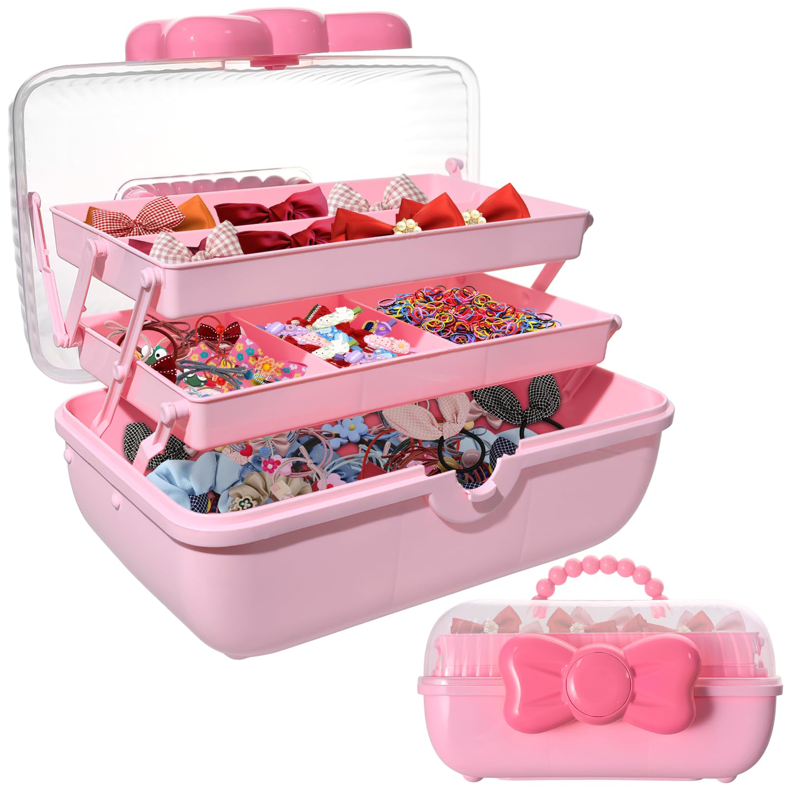 KKONHII Hair Accessories Organizer for Girls, 3-Layers Jewelry Storage Box with Handle, Lockable Folding Craft Organizers, Pink 