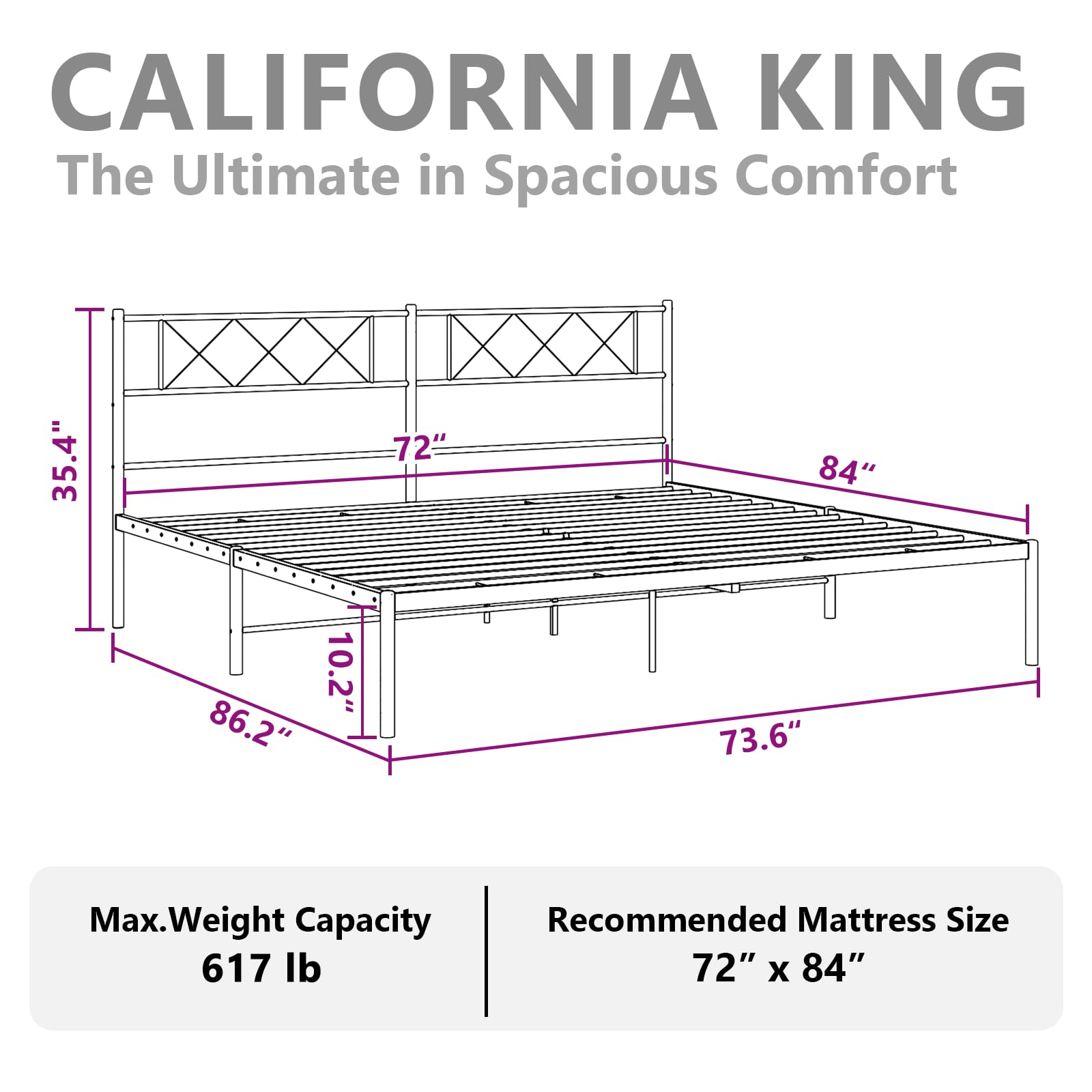 vidaXL 12'' California King Metal Bed Frames with Headboard, Platform Bed Frame with Strong Metal Slats Support, Under Bed Storage, Noise Free, White, Without Mattress