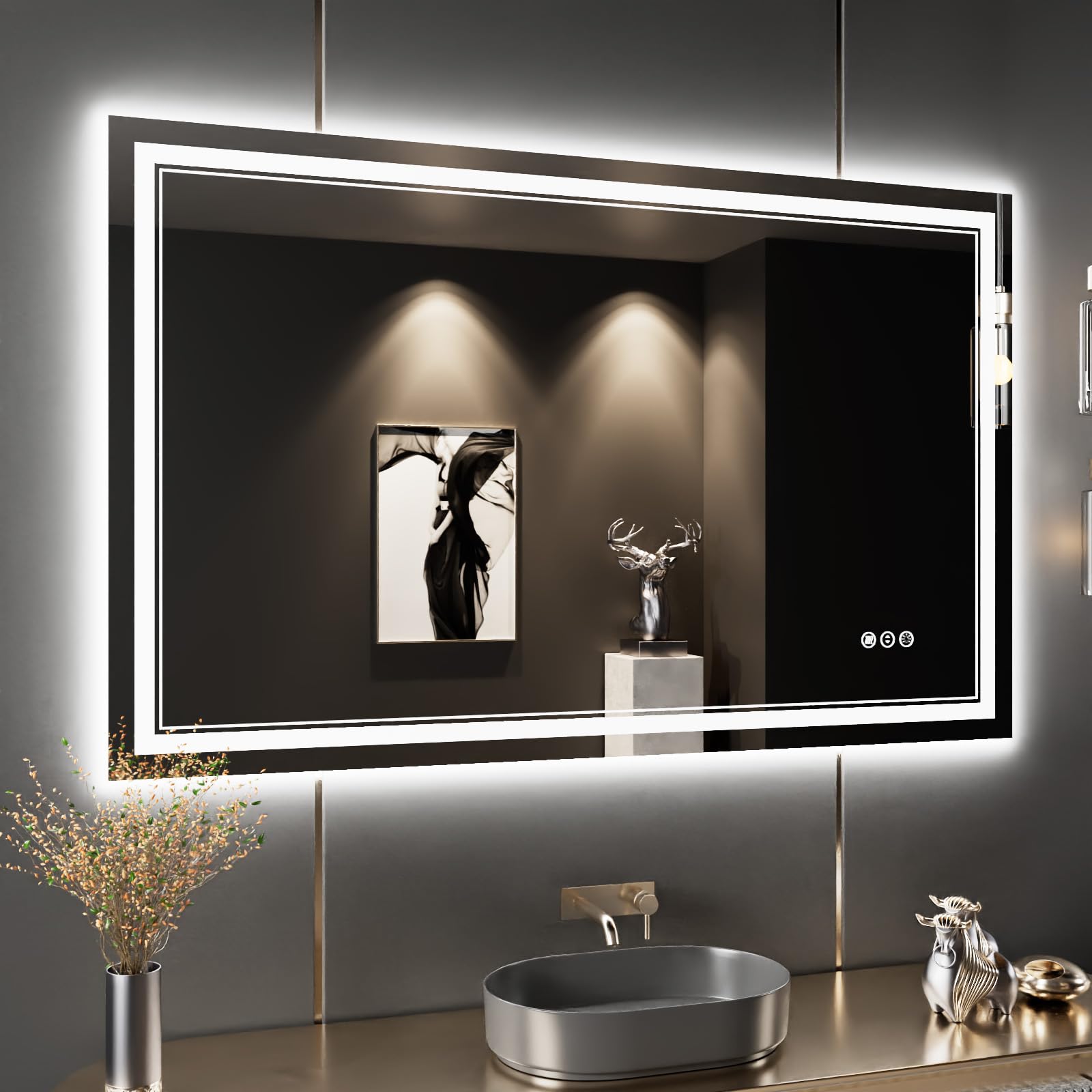 ISTRIPMF 48 x 30 Inch LED Bathroom Mirror with Lights, Front and Backlit Anti-Fog Dimmable Memory Lighted Bathroom Vanity Mirror