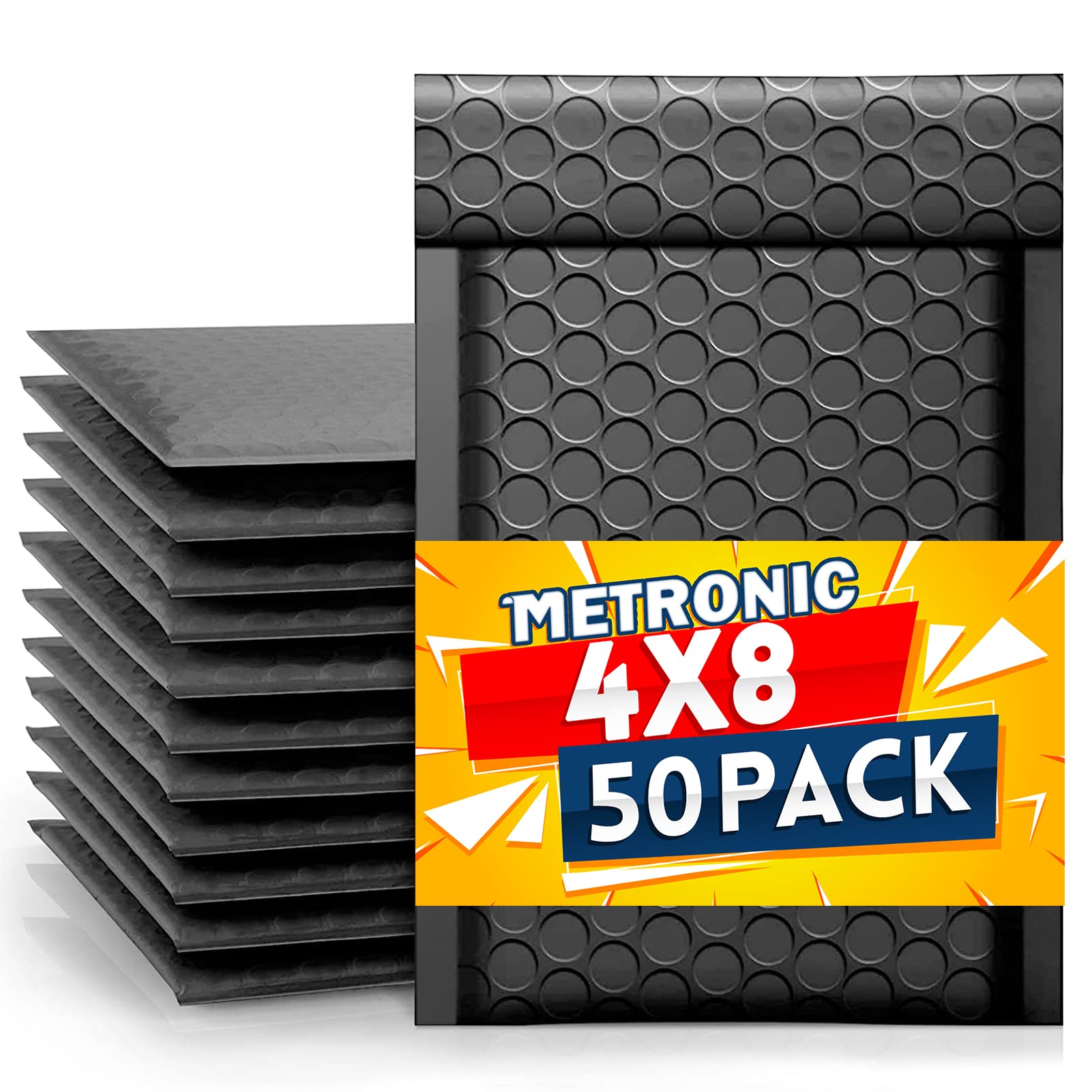 Metronic 4X8 Inch Bubble Mailer 50 Pack,Black Bubble Mailers, Waterproof Self Seal Adhesive Shipping Bags,Padded Envelopes For S