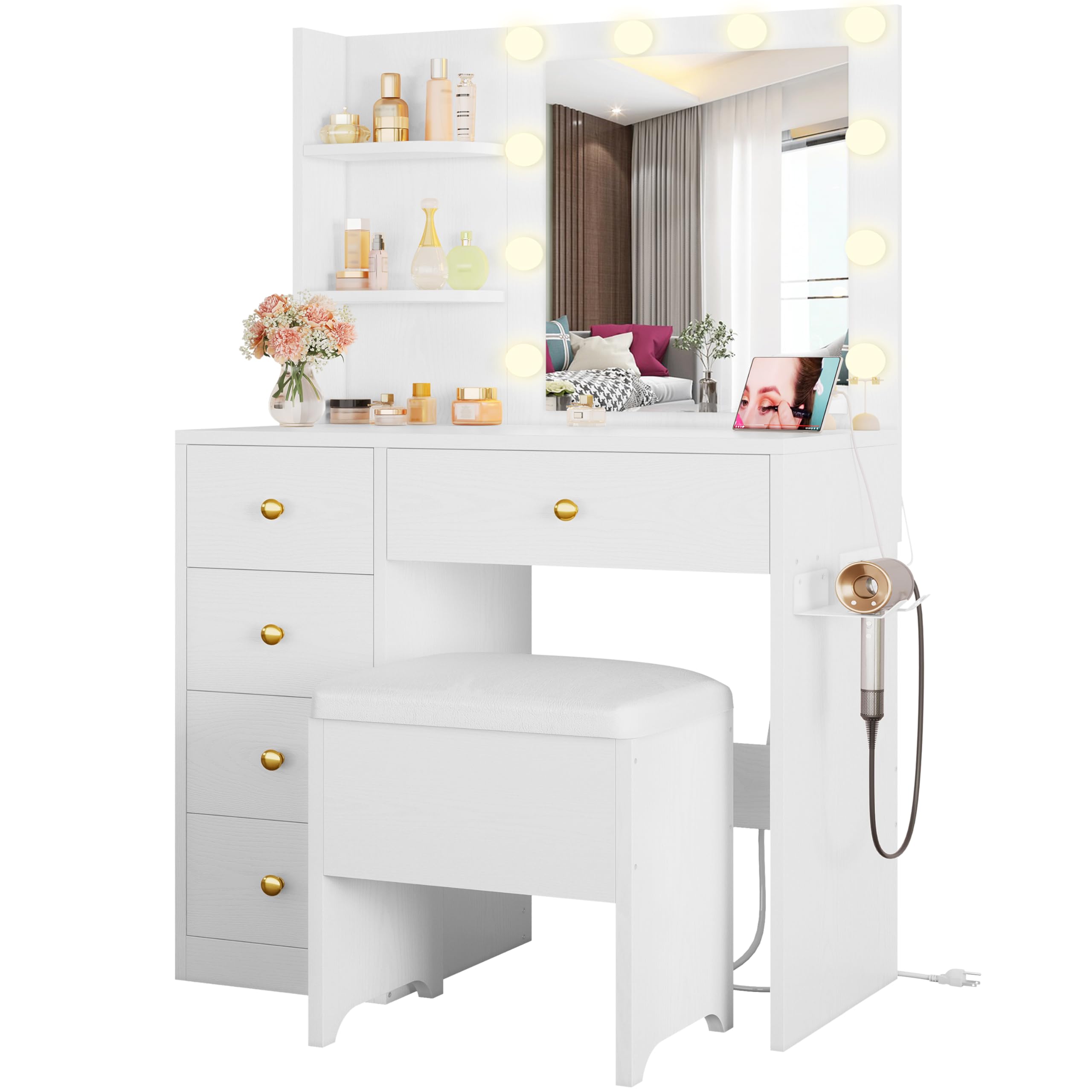 IRONCK Vanity Desk with Mirror and Lights, Small Makeup Vanity Table with 5 Drawers, Power Outlet, and Vanity Stool, 3 Lighting 
