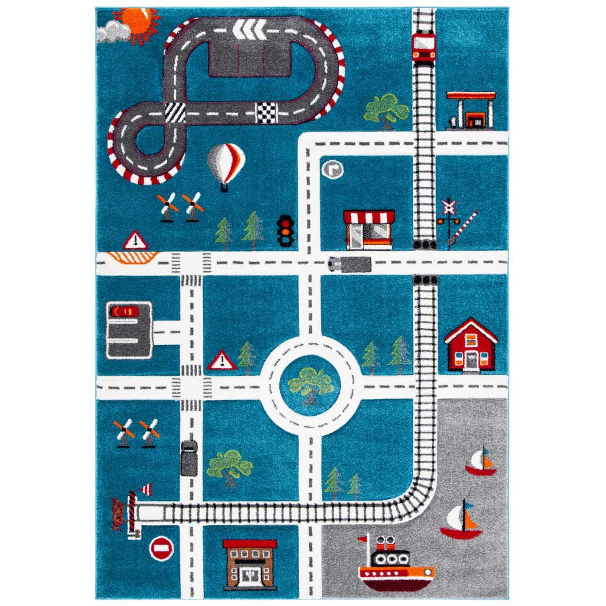 SAFAVIEH Carousel Kids Collection Area Rug - 9 x 12, Turquoise & Ivory, Non-Shedding & Easy Care, Ideal for High Traffic Areas