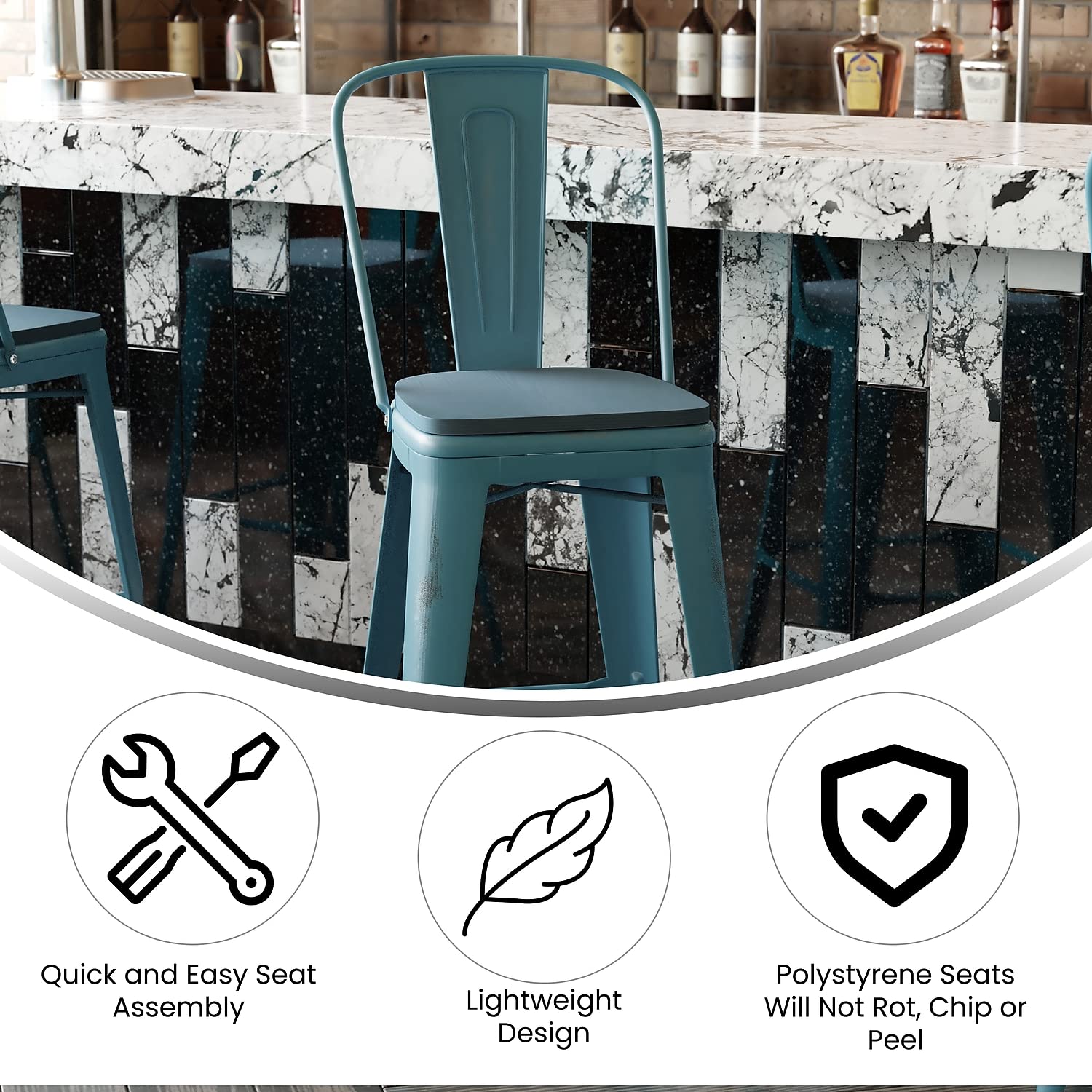 Flash Furniture Carly Commercial Grade 30" High Kelly Blue-Teal Metal Indoor-Outdoor Bar Height Stool with Back and Teal-Blue Polystyrene Seat