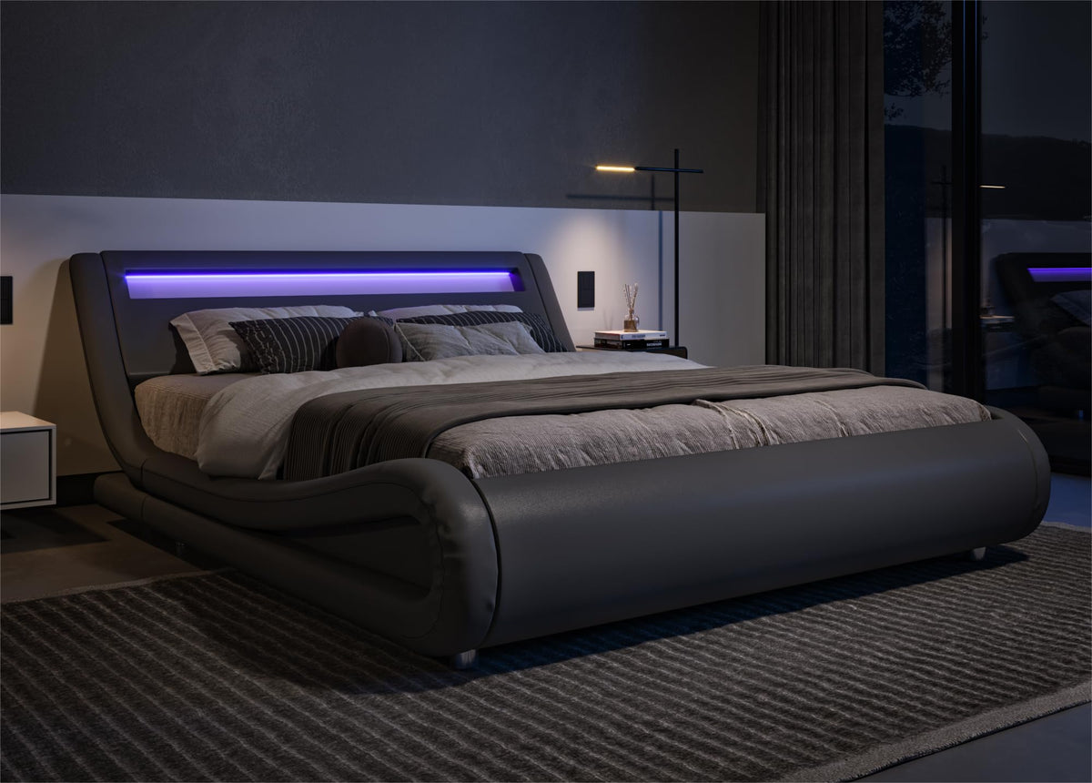 Allewie Full Size Led Platform Bed Frame With Adjustable Headboard/No Box Spring Need/Easy Assembly/Faux Leather In Grey
