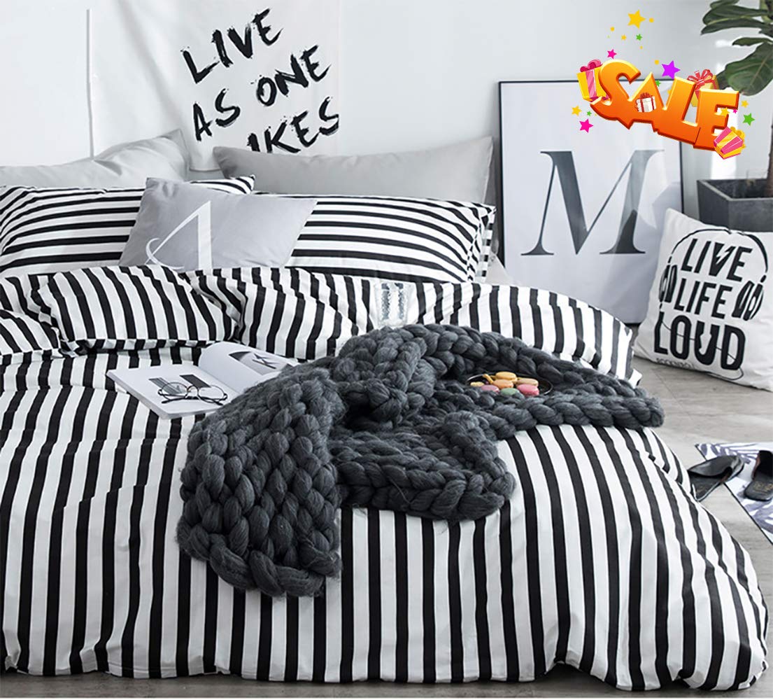 Karever White And Black Stripes Comforter Set Cal King Women Bedding Set Soft Durable White Striated Bedding Set Black Stripes C