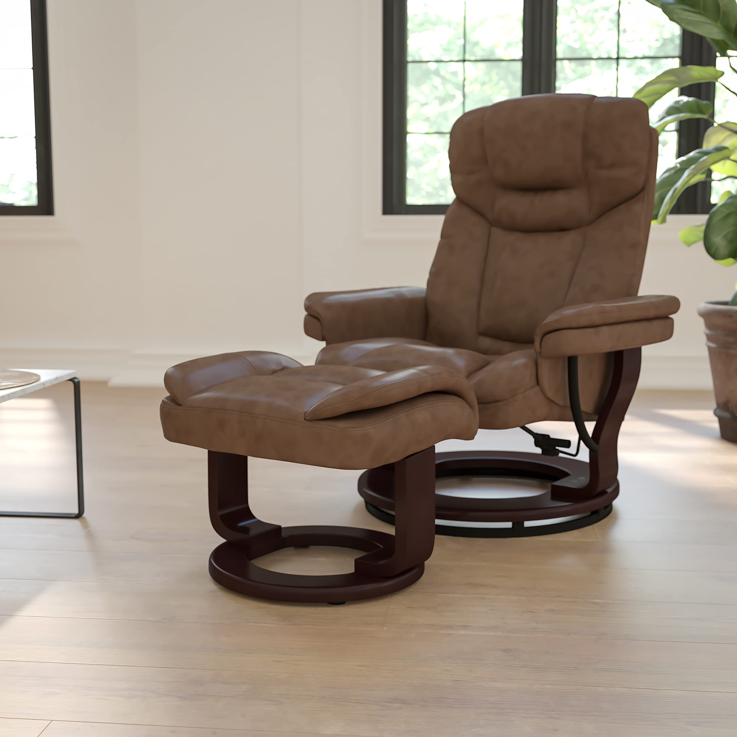 Flash Furniture Allie LeatherSoft Upholstered Recliner with Footrest, Arms, and Headrest, Padded Swivel Recliner Chair and Ottoman Set, Palimino