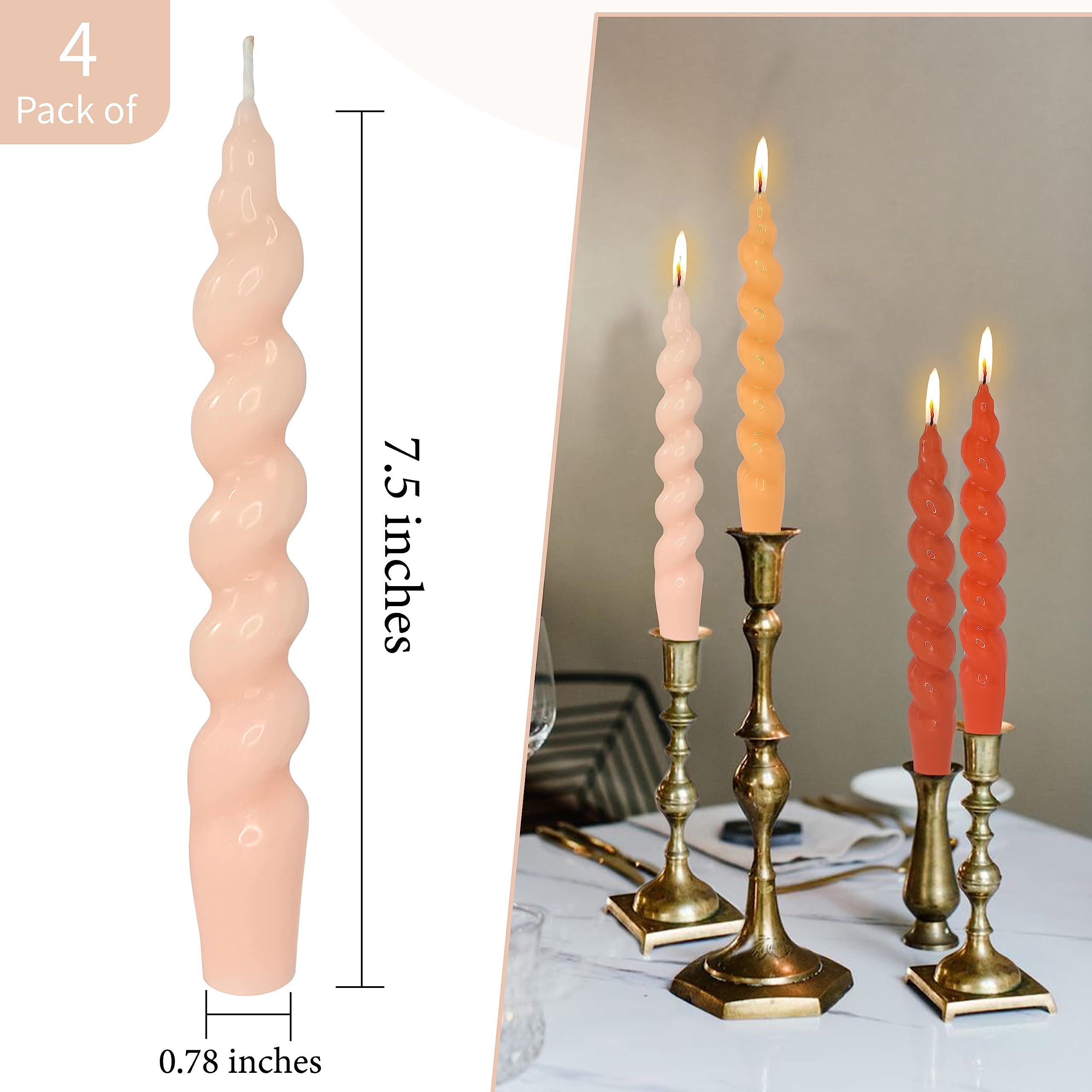 4 Pcs Gradient Color Tapered Candles Unscented Spiral Candlesticks 7.5 Inch Orange Twisted Candles For Christmas Halloween Weddi