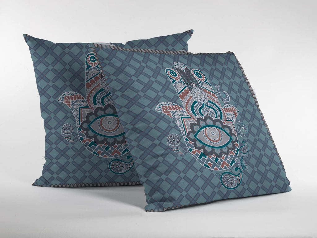 HomeRoots Muted Blue Broadcloth 20â€ Slate Blue Hamsa Indoor Outdoor Throw Pillow
