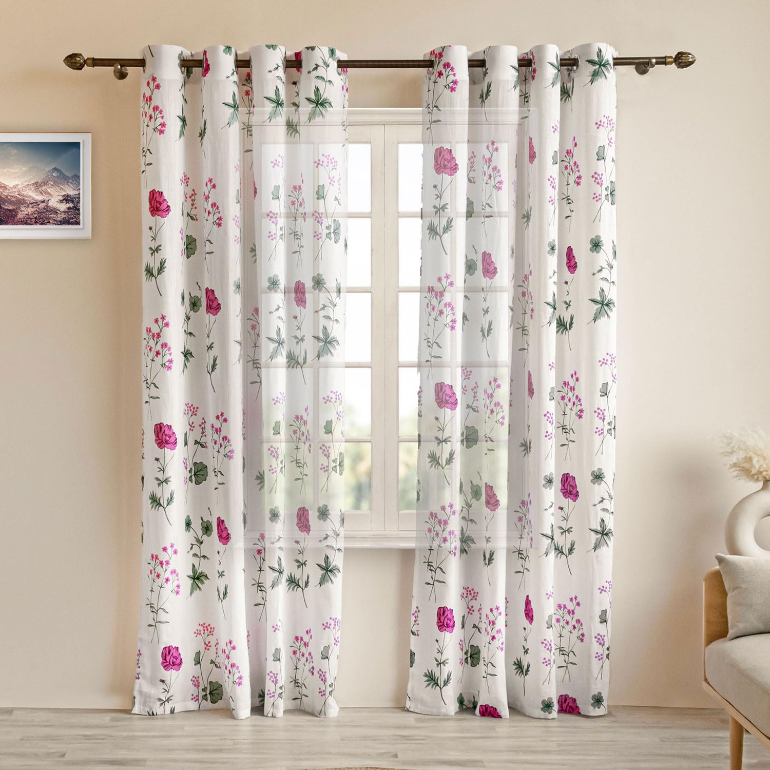 Homemonde Linen Texture Sheer Curtains For Window  Sun Light Filtering 6 Feet Curtain Set Of 6 Pink Floral Printed, Hangs With 