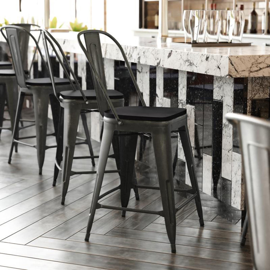 Flash Furniture Carly Commercial Grade 24" High Black Metal Indoor-Outdoor Counter Height Stool with Back and Black Polystyrene Seat