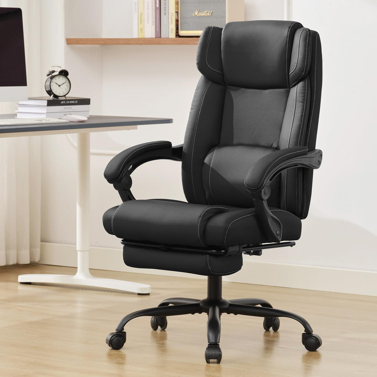 Bowthy Executive Office Chair With Footrest,Thick Leather Office Chair With Lumbar Support,90-155Adjustable Reclining Office Cha