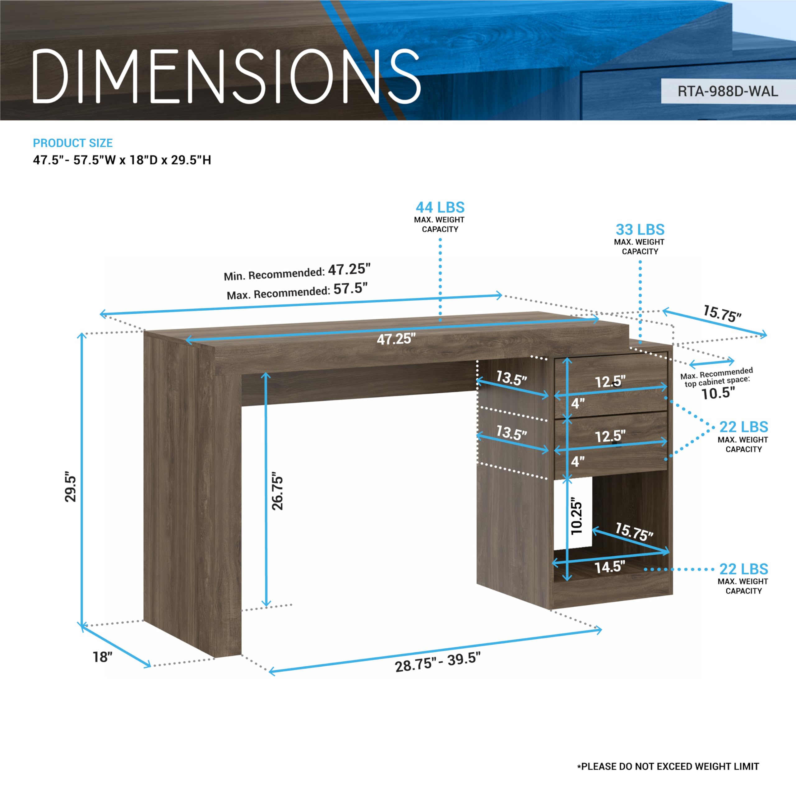 Techni Mobili Expandable Desk With Storage Drawers & Open Shelf - Expands From 47 Inch To 57 Inch - Walnut Computer Desk With Printer Space - Modern Home Office Table With Drawers Blanco Collection