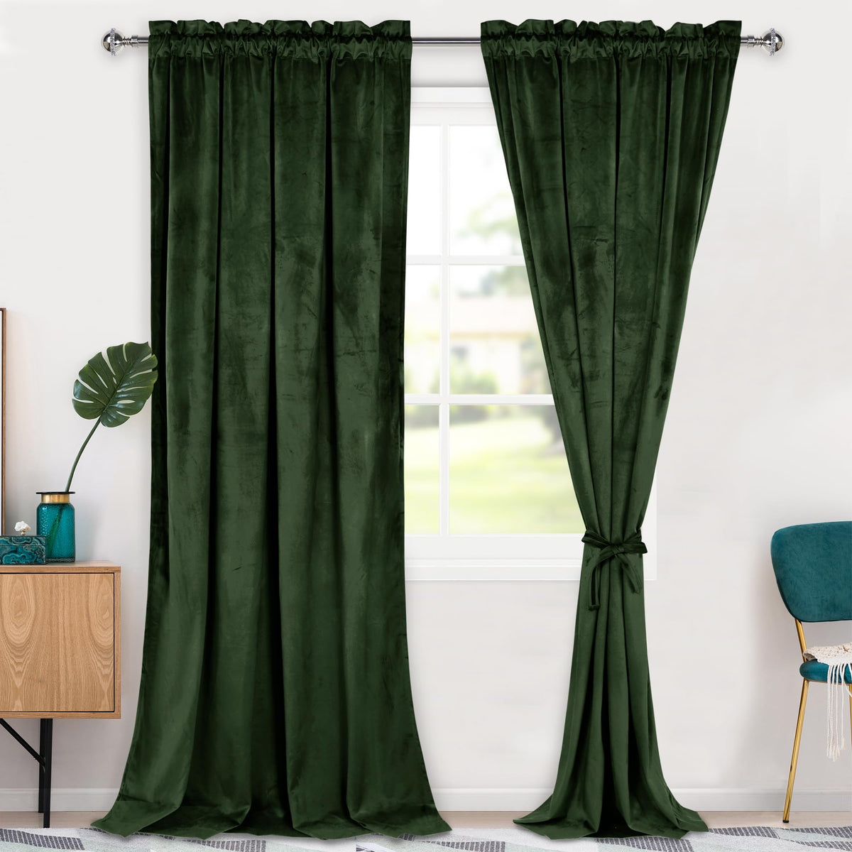 Hiasan Olive Green Velvet Curtains 108 Inches-Blackout Thermal Insulated Solid Soft Curtains For Bedroom Living Room Rod Pocket