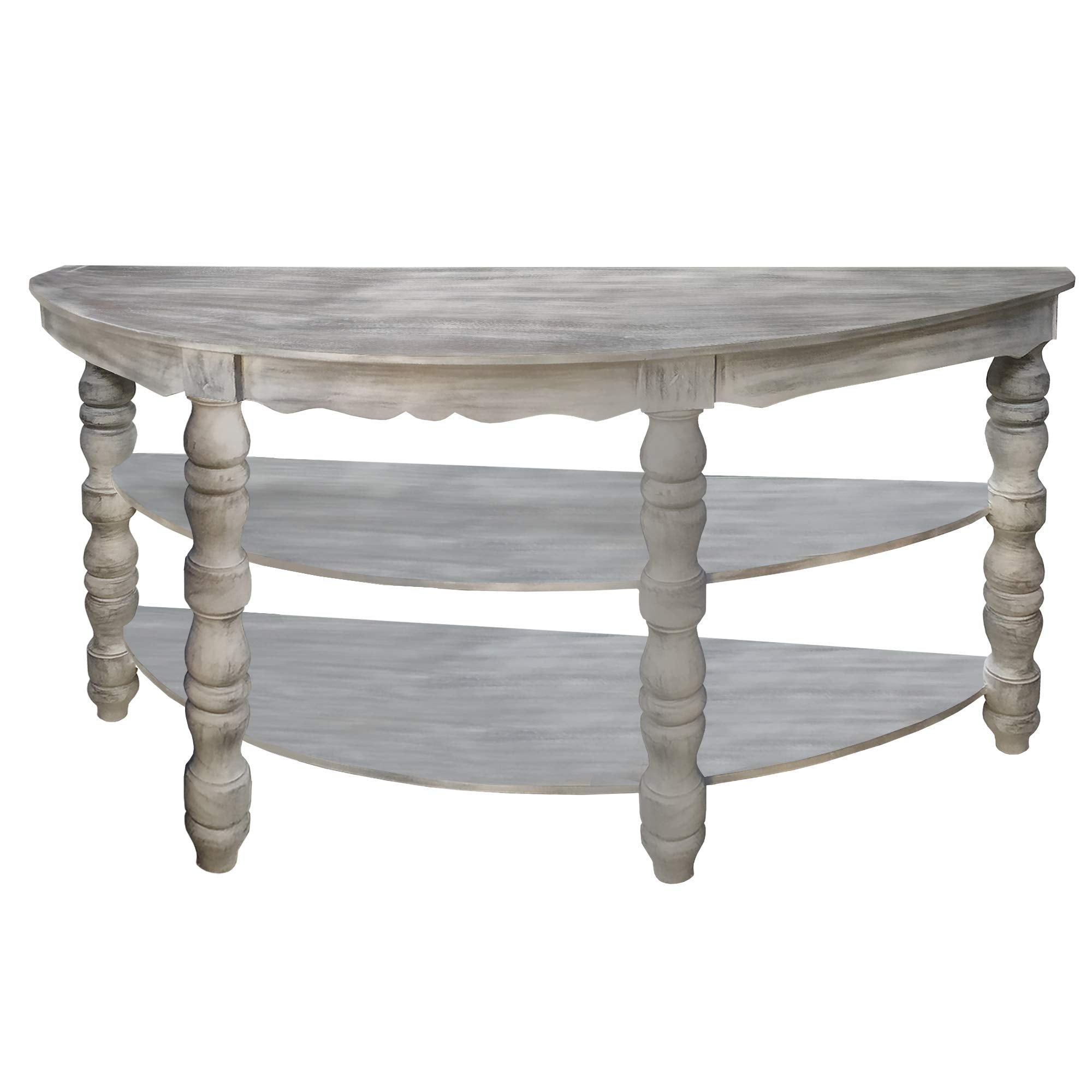 TUP The Urban Port Half Moon Shaped Wooden Console Table with 2 Shelves and Turned Legs, Gray