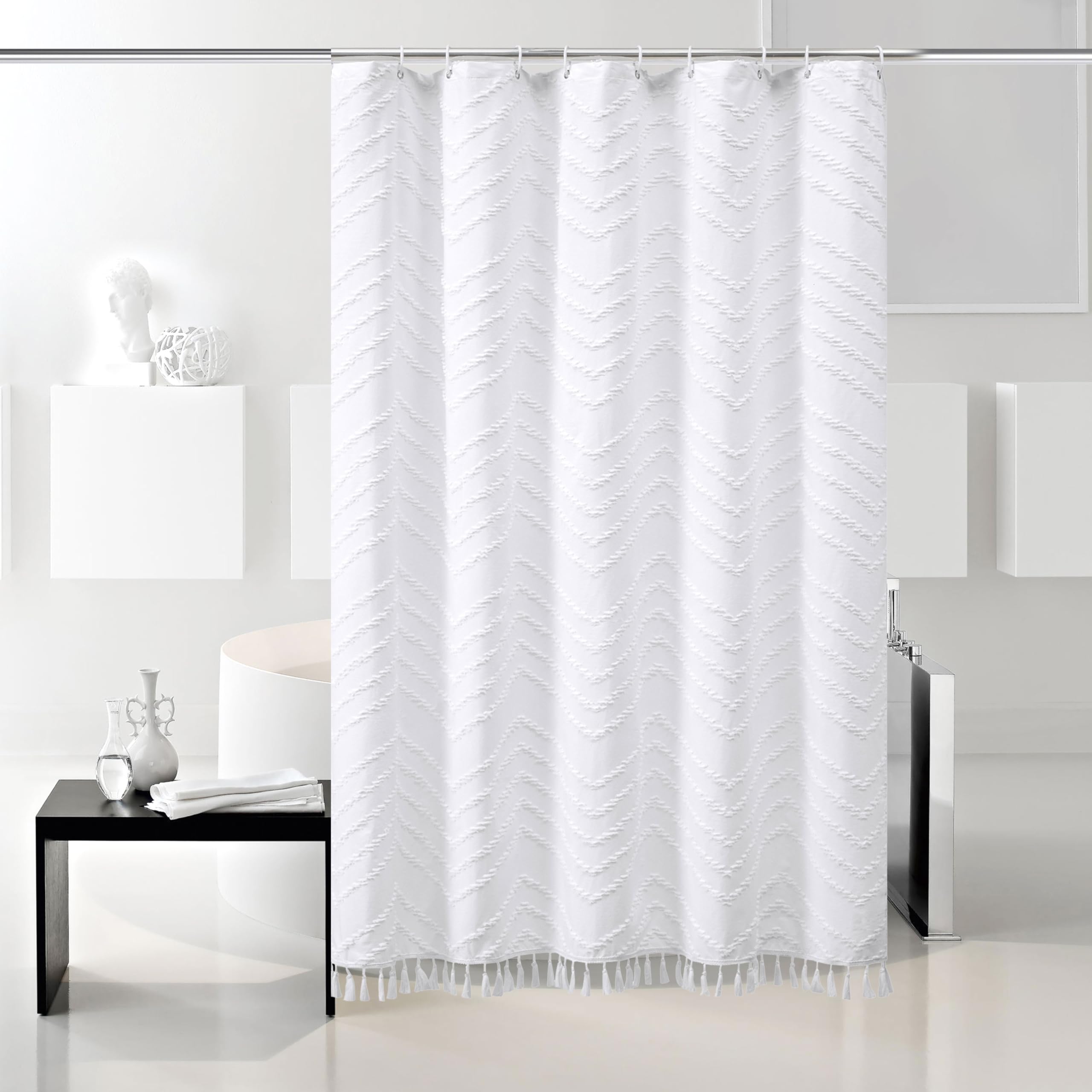 Stall Boho Shower Curtain White Tassel Woven Fabric Shower Curtain 48 X 72 Modern Farmhouse Textured Tufted Chevron Striped Mini