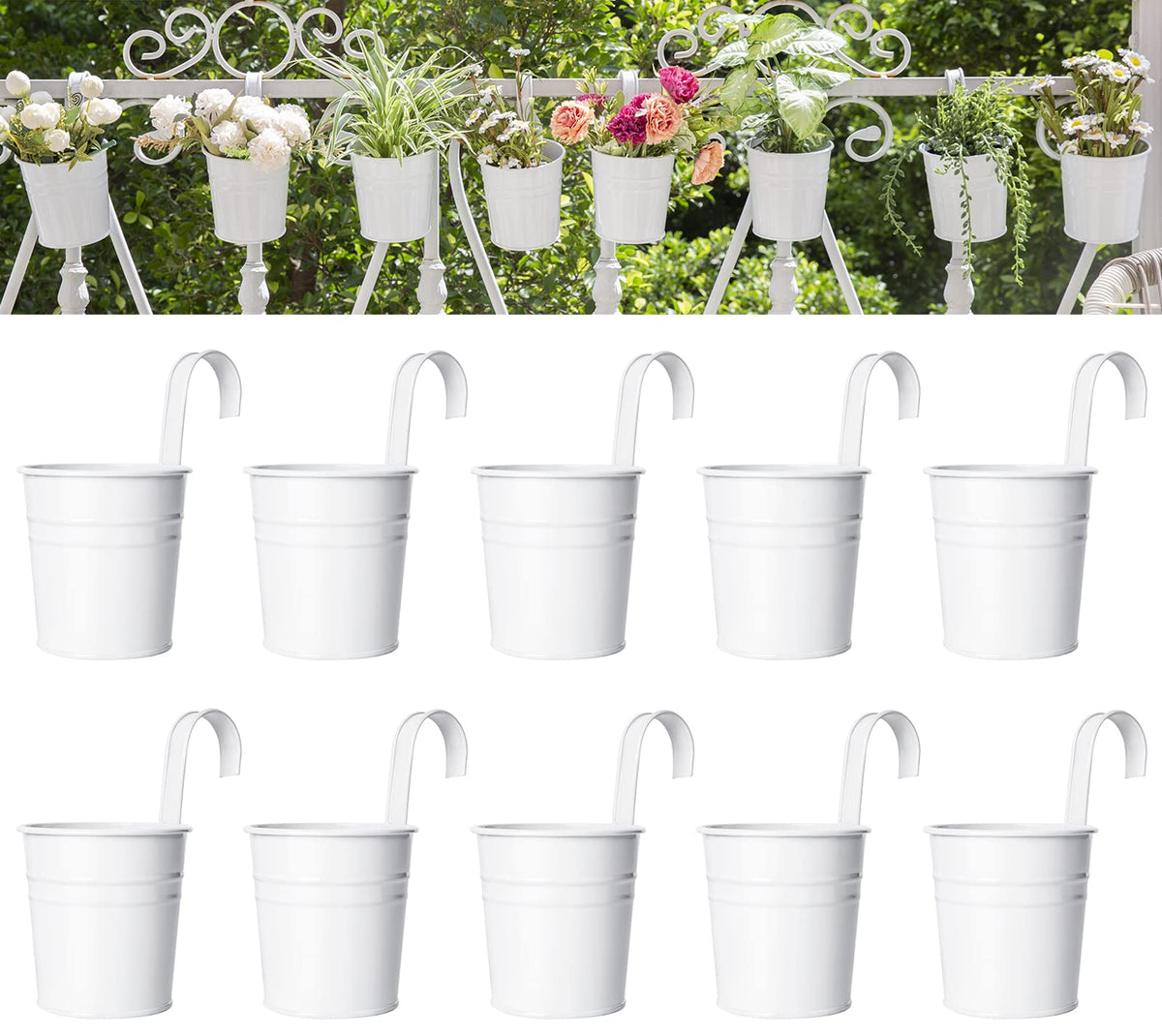 Dahey 10 Pcs Hanging Flower Pots Metal Iron Bucket Planter For Railing Fence Balcony Garden Home Decoration Flower Holders With