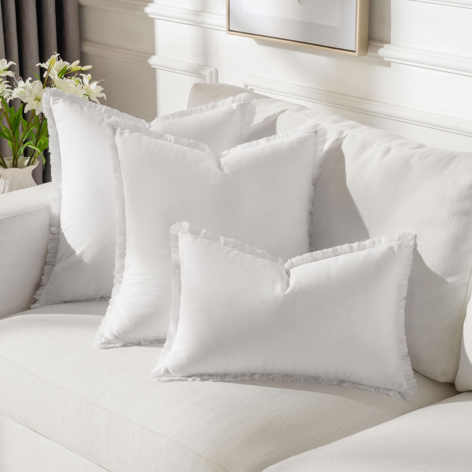 Futei Cream White Boho Throw Pillow Covers With Tassels 26X26 Inch Set Of 2,Soft Velvet Decorative Euro Pillow Shams,Home Decor