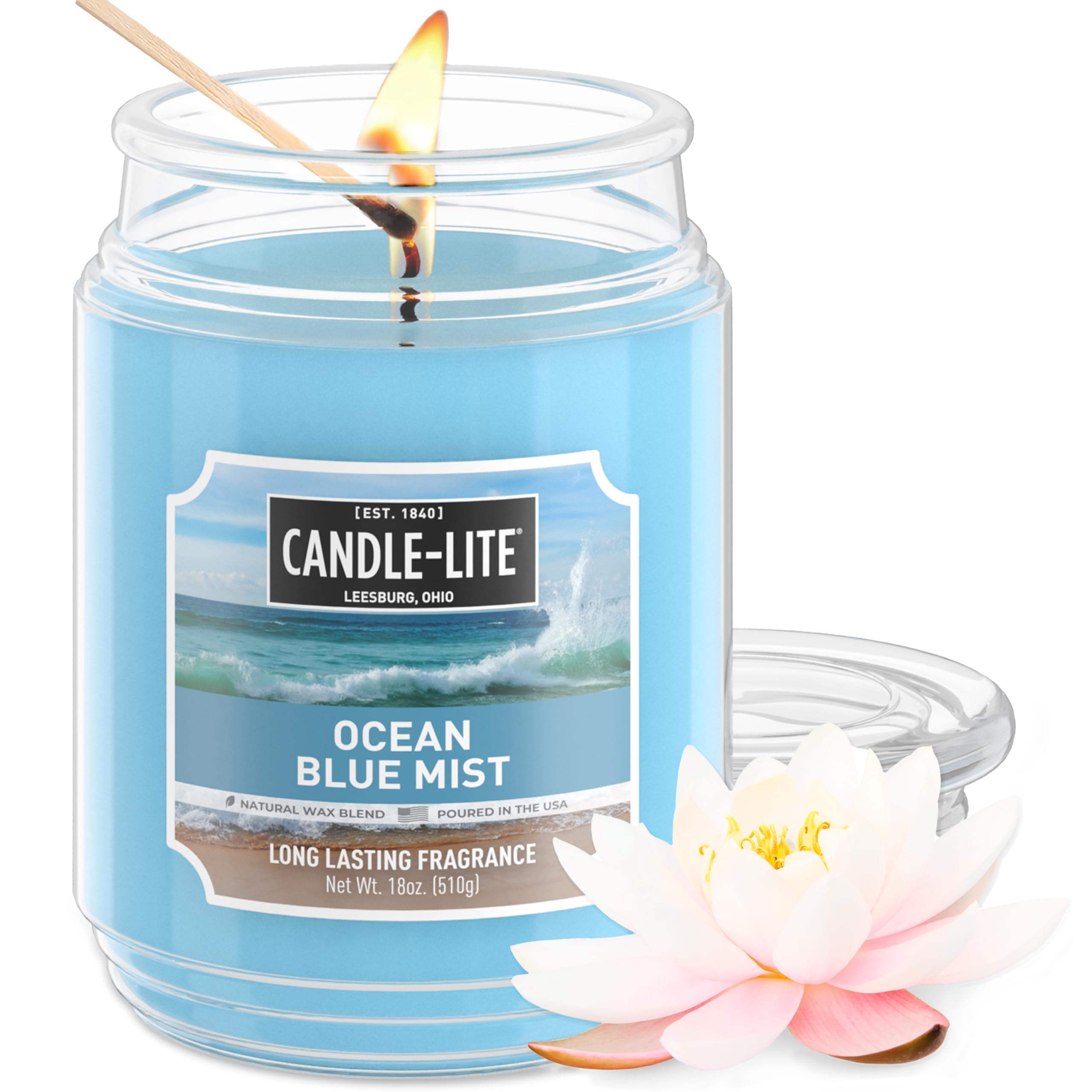 CANDLE-LITE Scented Ocean Blue Mist Fragrance, One 18 oz. Single-Wick Aromatherapy Candle with 110 Hours of Burn Time, Light Col