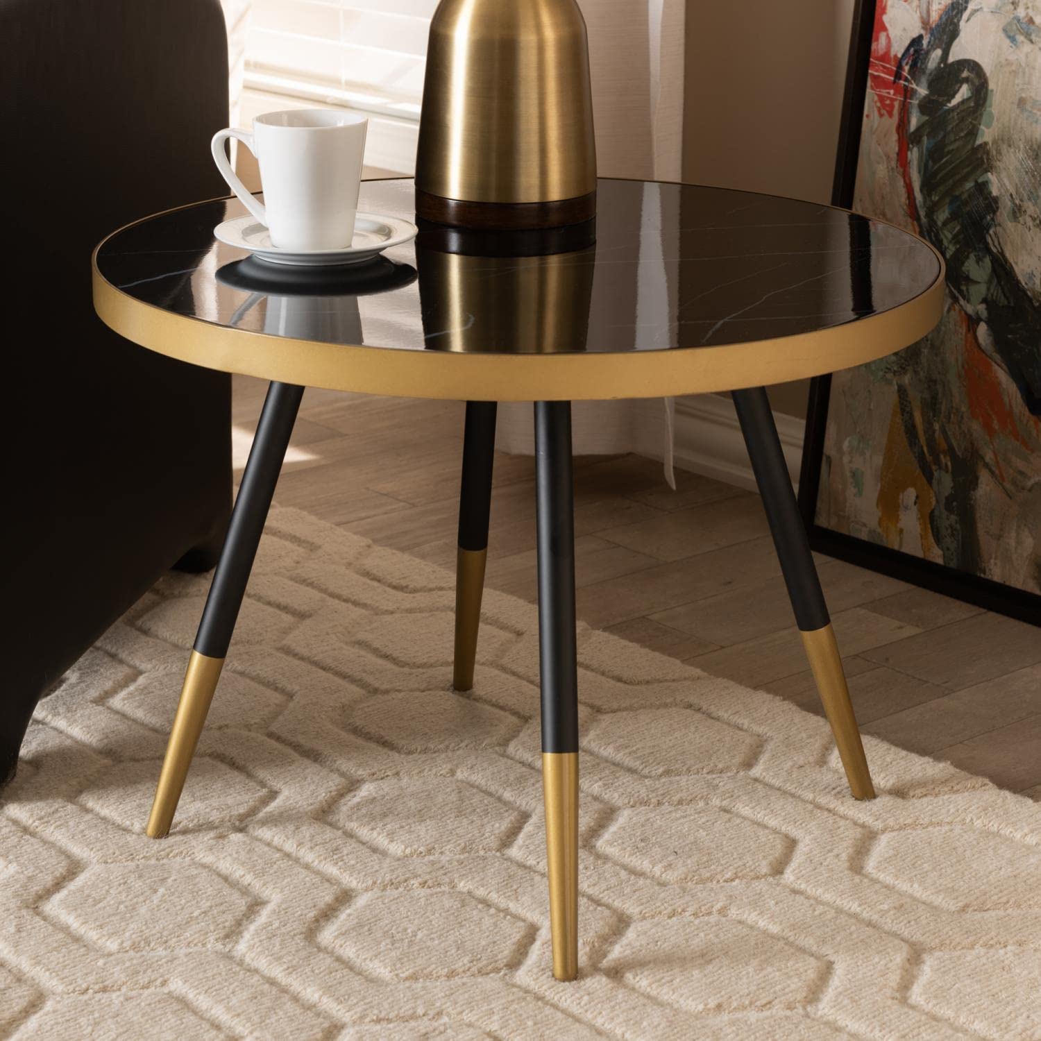 Baxton Studio Lauro Round Marble Print Metal Coffee Table in Black and Gold