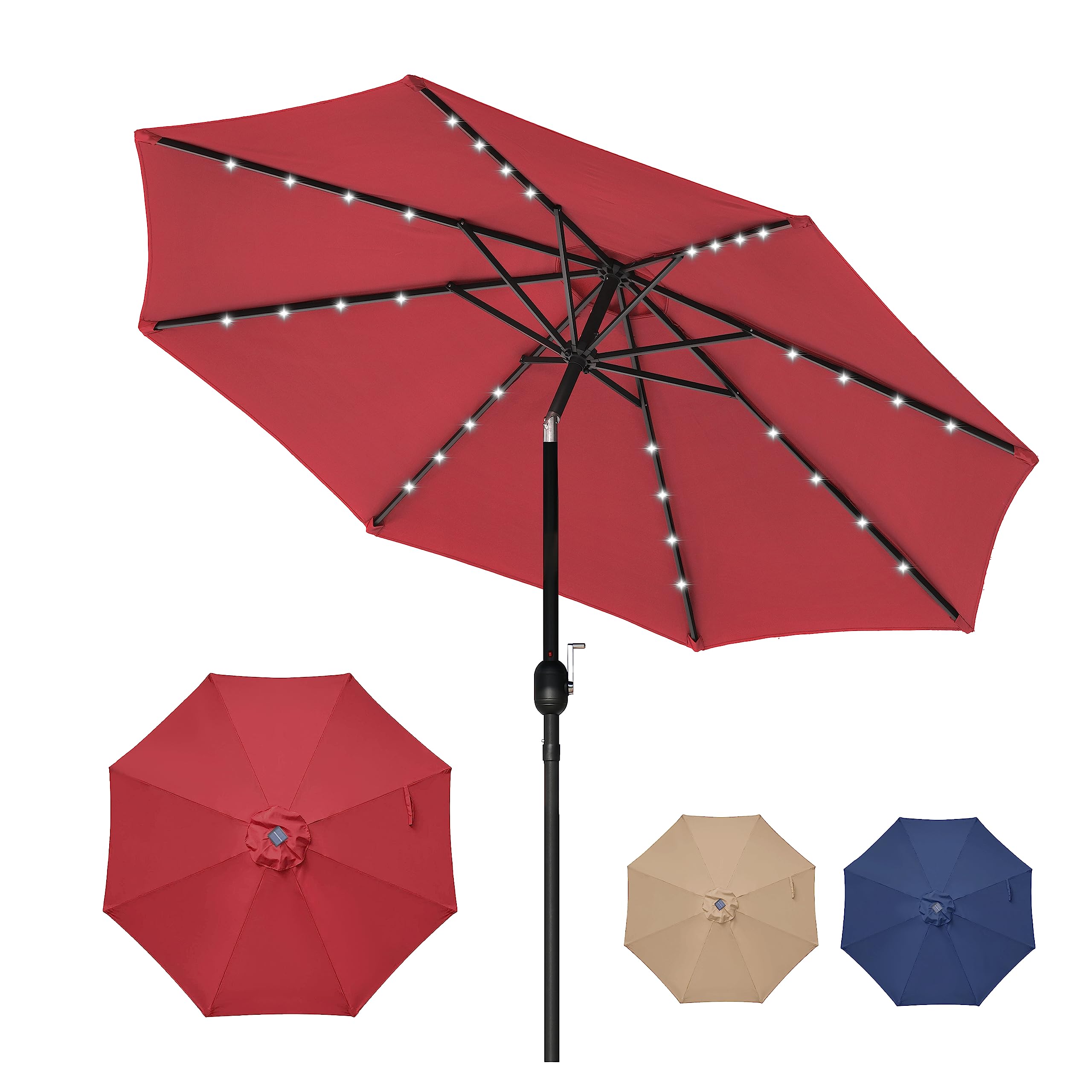 Yssoa 9' Solar 32 Lighted Patio Table Market Push Button Tilt/Crank Outdoor Umbrella For Garden, Deck, Backyard And Pool, 9Ft-Le