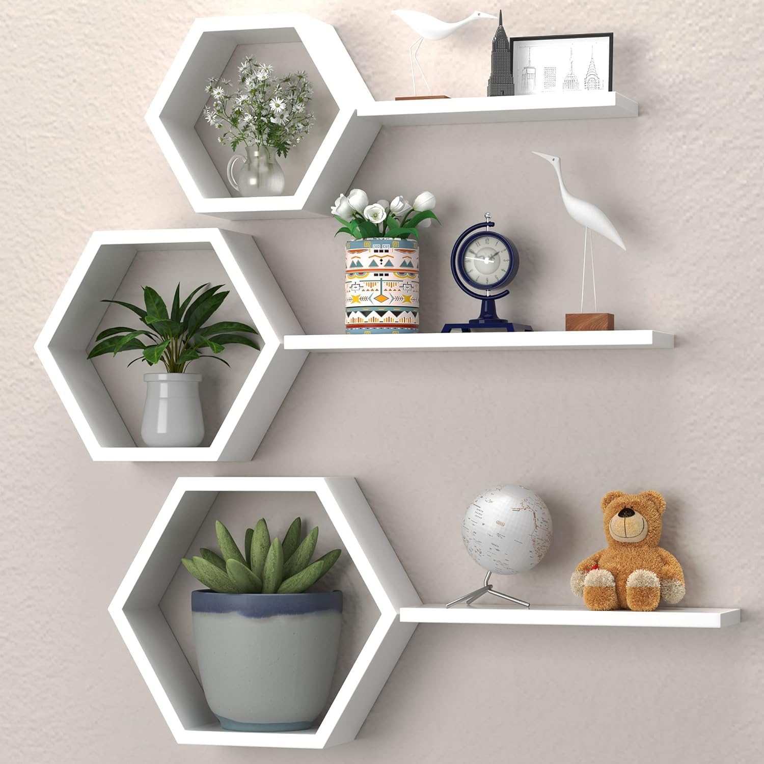 Aaliya Mart Wooden Floating Wall Shelves For Living Room, Wall Mounted Set Of 6 Hexagon Shelves For Photos Plants And Wall Decor