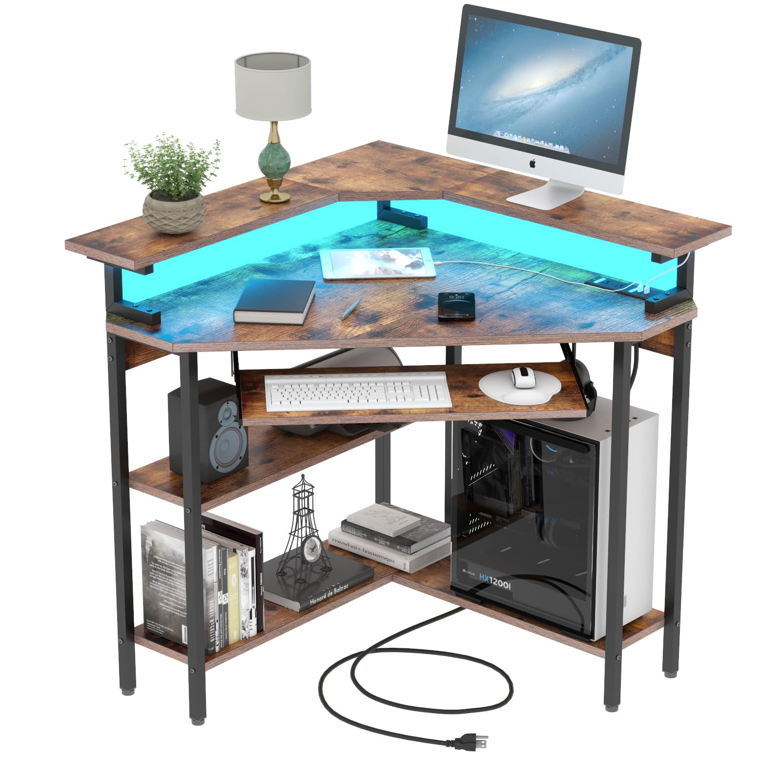Auromie Corner Desk With Charging Station & Led Light, Triangle Corner Desk With Monitor Stand & Keyboard Tray For Small Space,