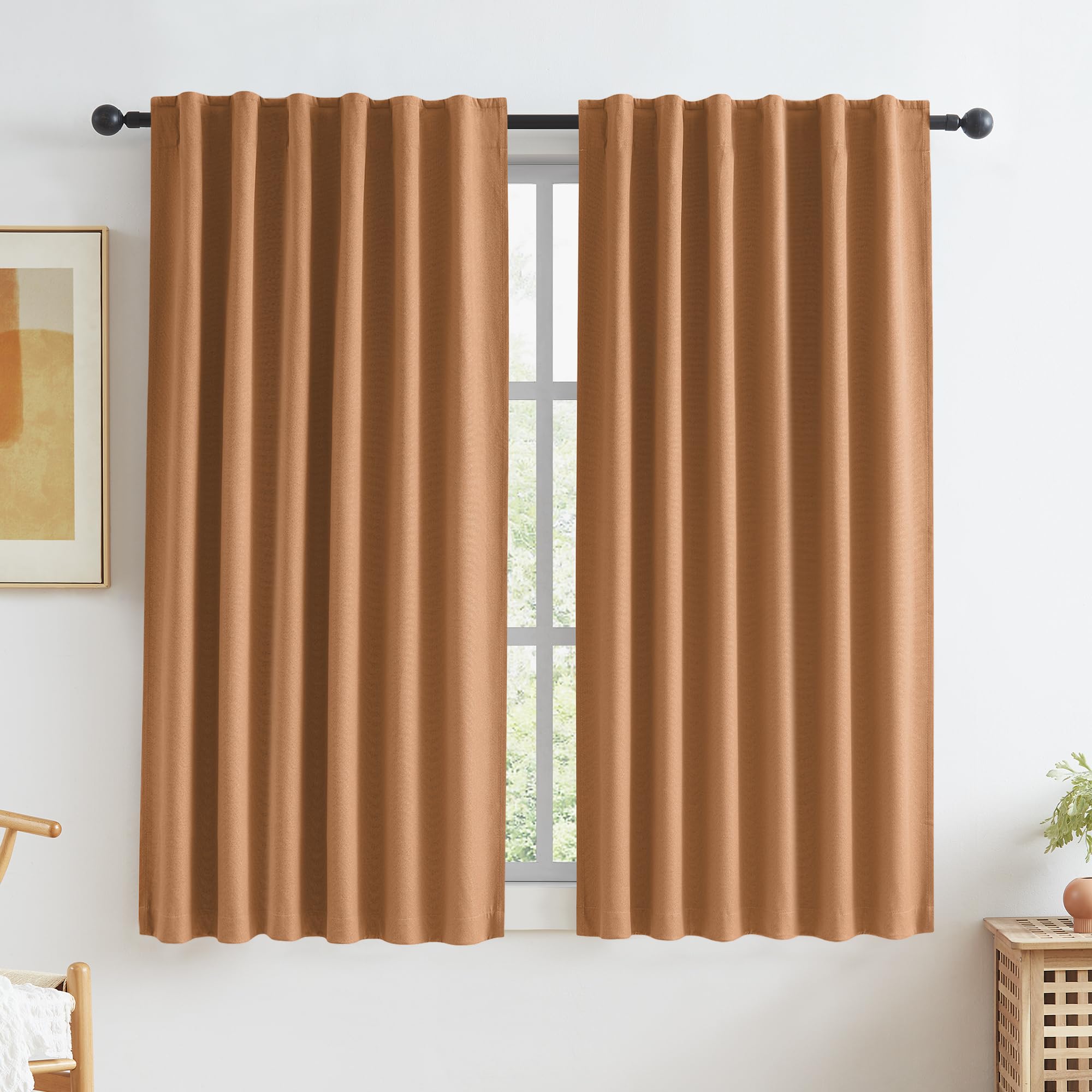 KEQIAOSUOCAI Burnt Orange Blackout Linen Curtains 2 Panels Set 63 Inch Length for Living Room Hook Belt Back Tab Boho Muted Ochr