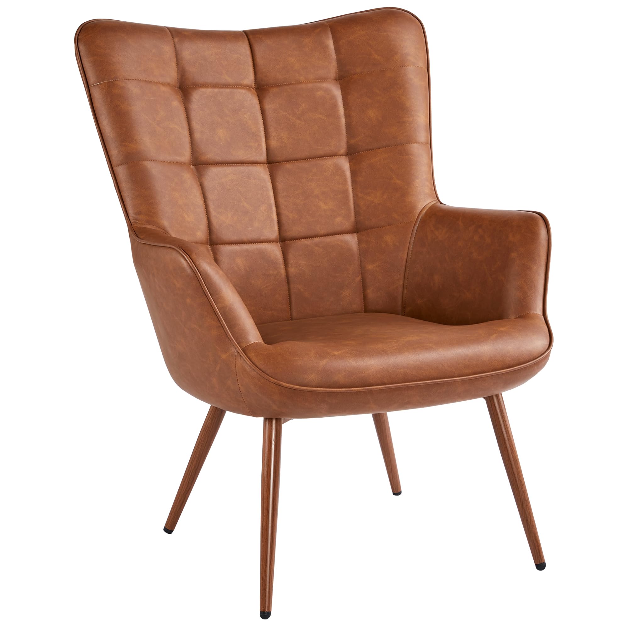 Yaheetech Pu Leather Armchair, Modern Accent Chair Strong Structure, Vintage Midcentury High Back Sofa Chairs With Oversized Padded And Solid Metal Legs For Living Room/Bedroom/Office, Brown