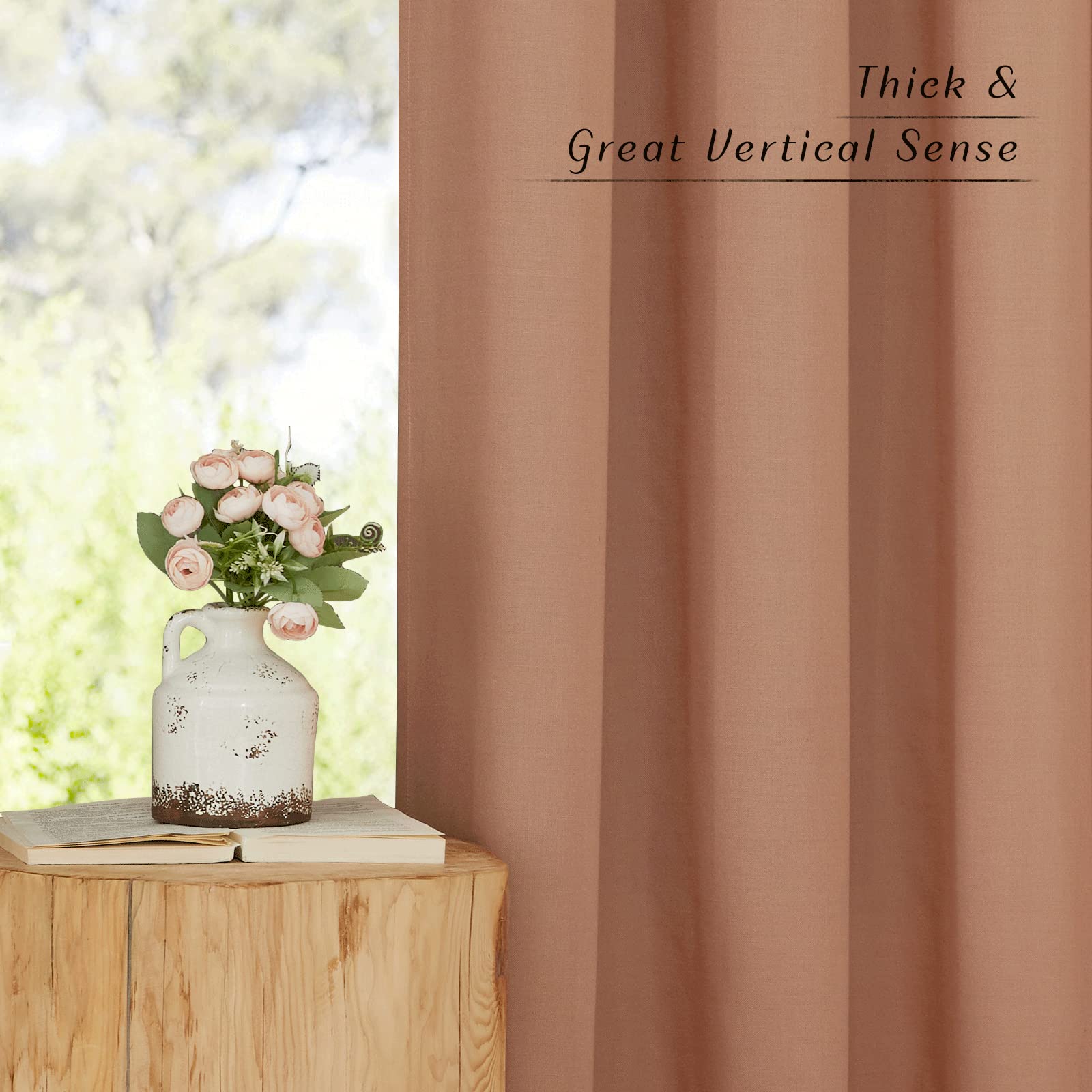 Nicetown Terracotta Linen Curtains For Girls Room, Grommet Privacy Added Thick Flax Linen Burlap Semi Sheer Light Filtering Window Treatments For Living Room, W55 X L90, 2 Panels