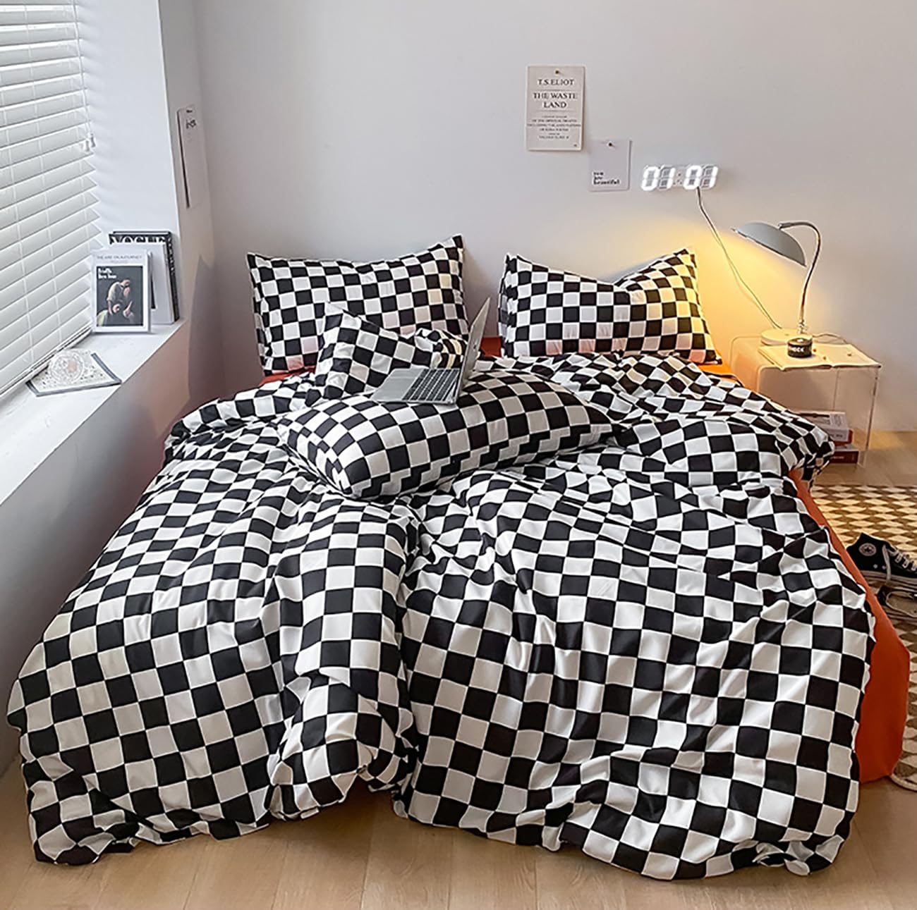 Karever Black White Grid Comforter Set Cal King Black Plaid Bedding Set Women Black And White Checkered Bed Comforter Set Breath