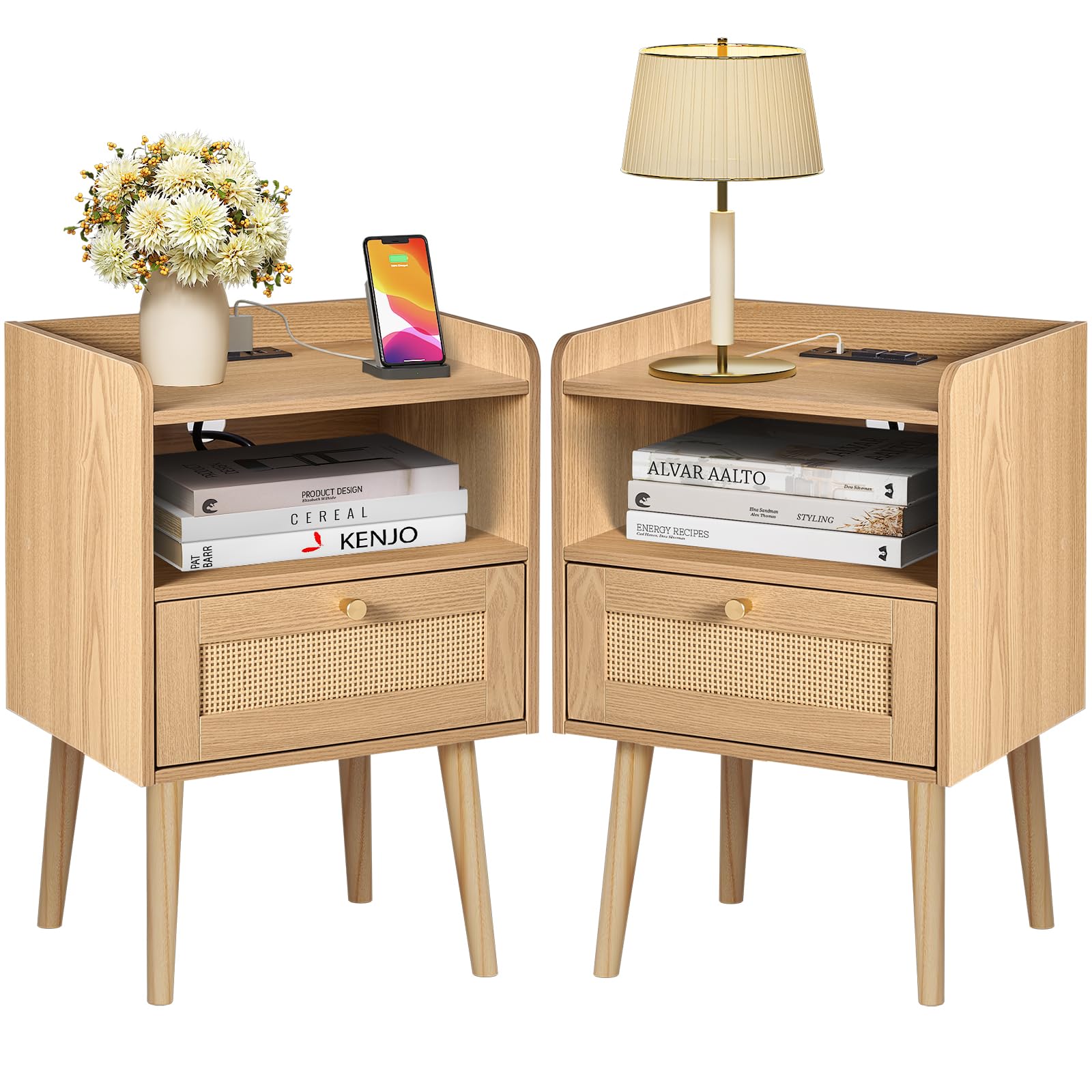 Night stand Set of 2, Bedside Tables with Charging Station, Rattan End Tables, Boho Bed Side Tables, Wood Nightstands set of 2 f