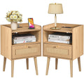 MECHYIN Night Stand Set of 2, Bedside Tables with Charging Station, Rattan End Tables, Boho Bed Side Tables, Wood Nightstands Se