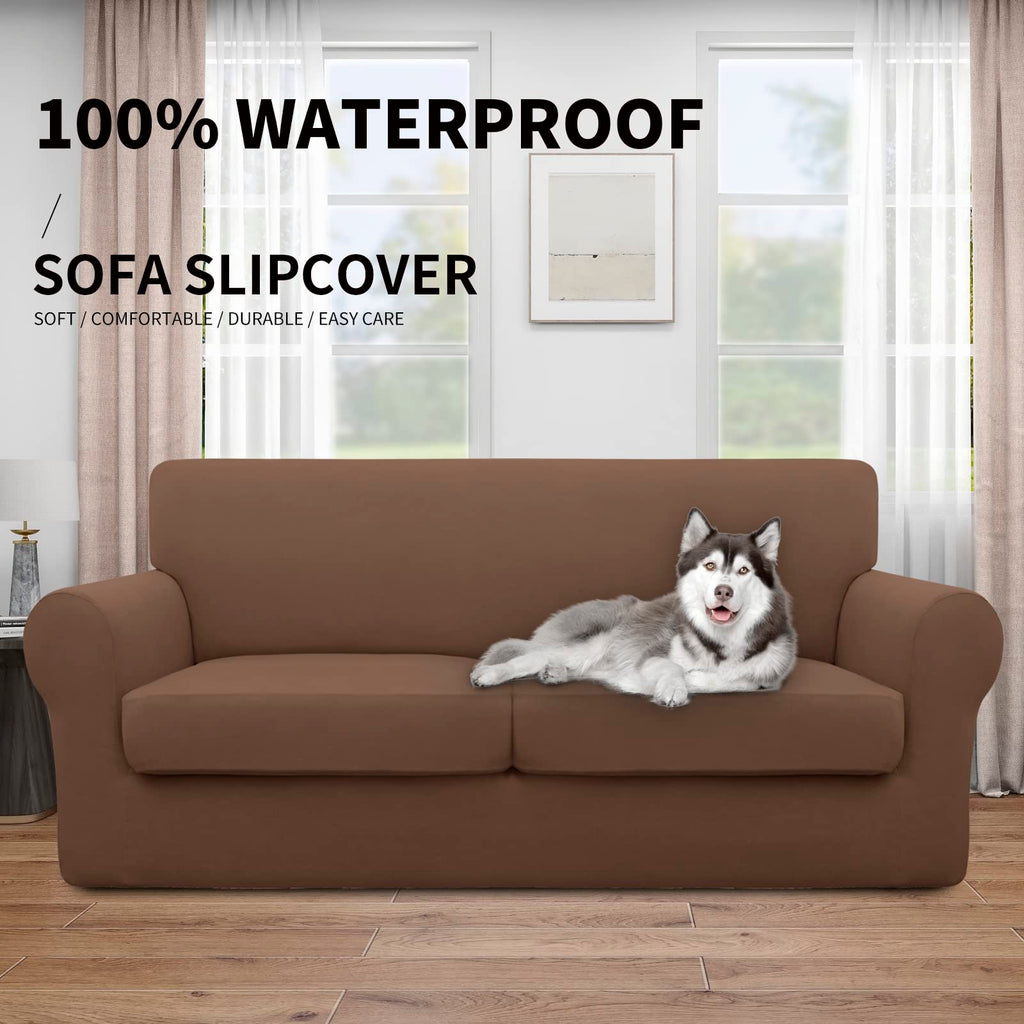 Easy-Going 100% Dual Waterproof Oversized Loveseat Cover Stretch Soft Couch Cover For Dogs, Sofa Slipcover For 2 Separate Cushion Couch Leakproof Furniture Protector For Kids, Pets Brown