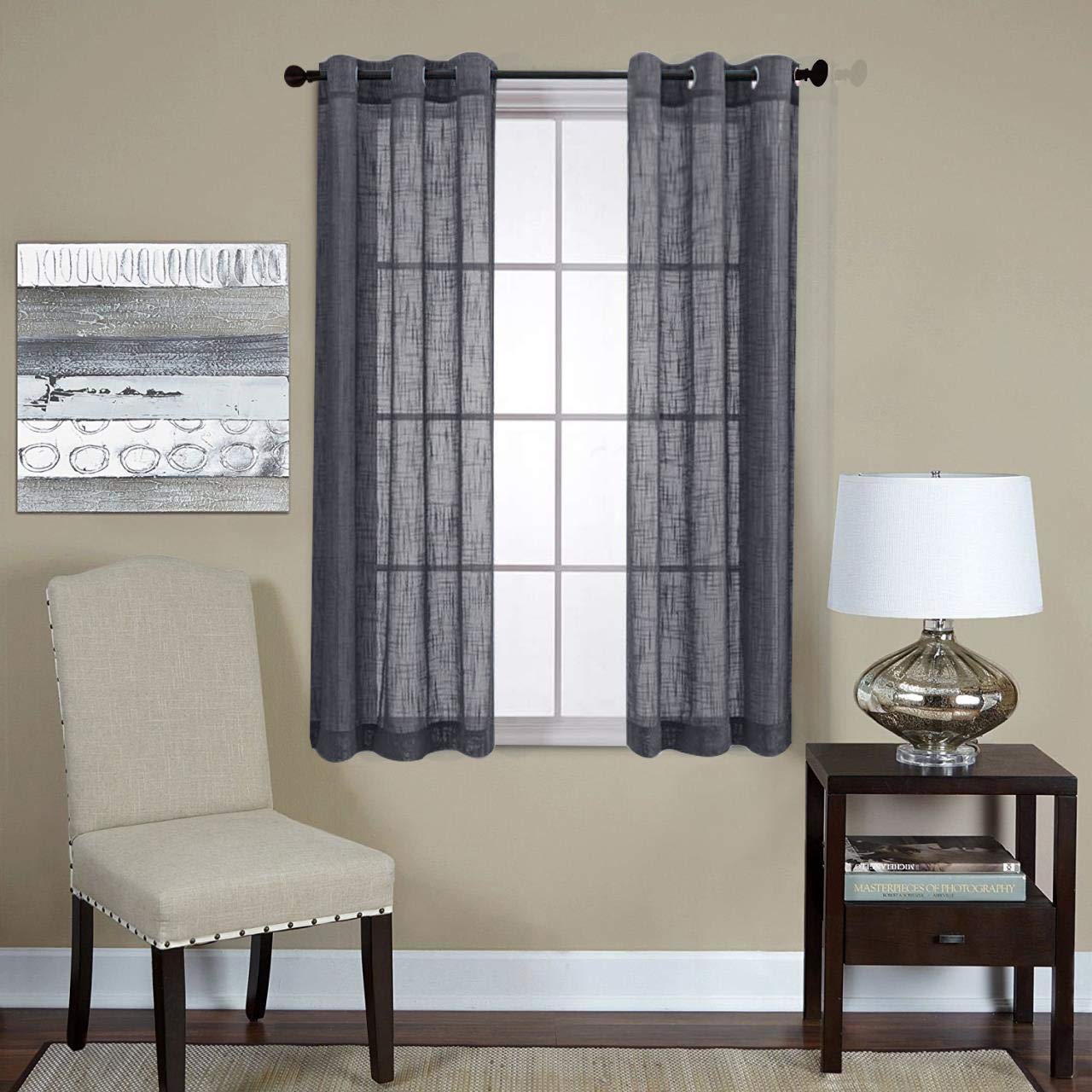 Miuco Semi Sheer Curtains Poly Linen Textured Solid Grommet Curtains 63 Inches Long For Living Room 2 Panels (2 X 37 Wide X 63'