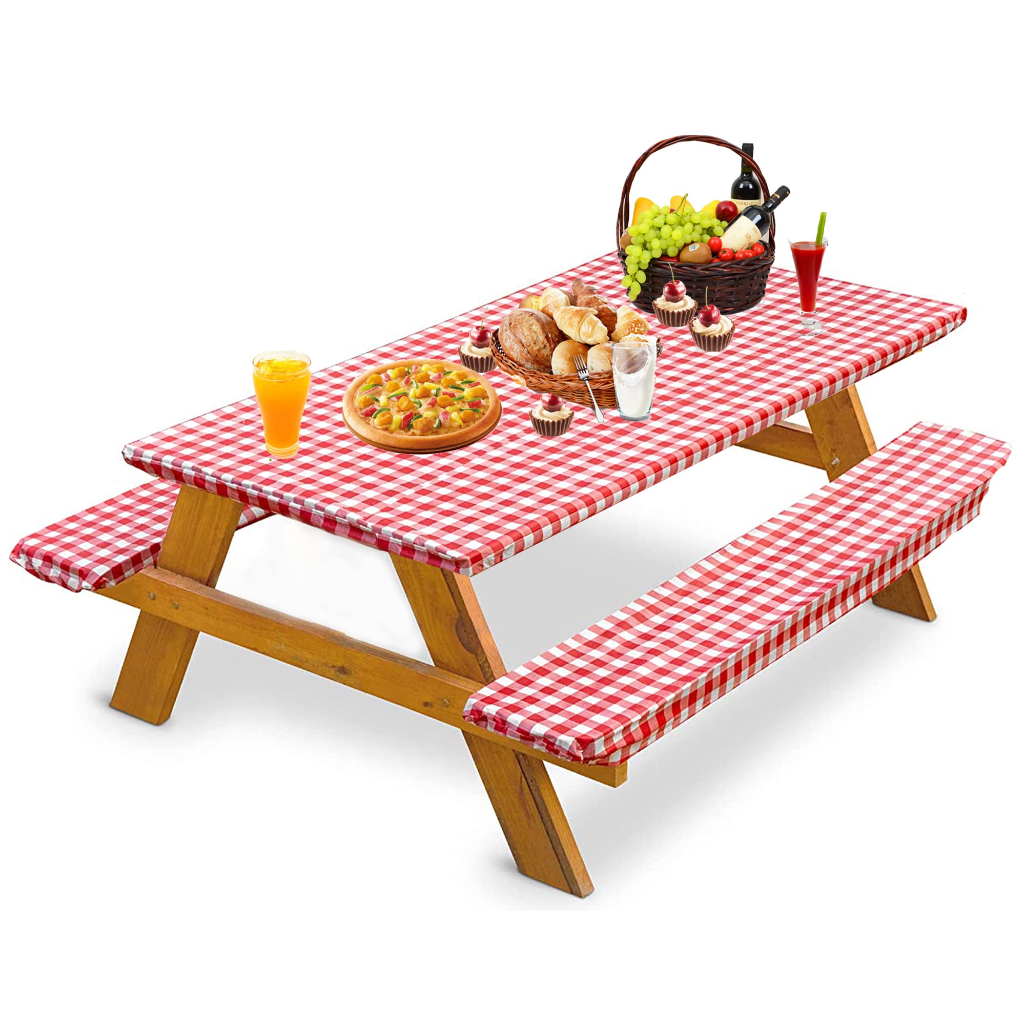 Bealy Picnic Table Covers With Bench Cover Vinyl Tablecloth 96'X30', 8 Foot Tables Fitted Table Cover 3 Set Flannel Backing Elastic Edge Waterproof Wipeable Plastic Covers,Indoor Outdoor Patio