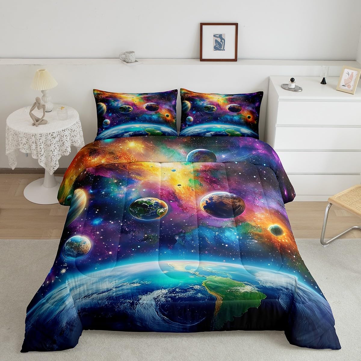 Feelyou Universe Galaxy Comforter Set Queen Size Kids Planets Earth Bedding Set Boy Girl Teen Solar System Comforter Breathable