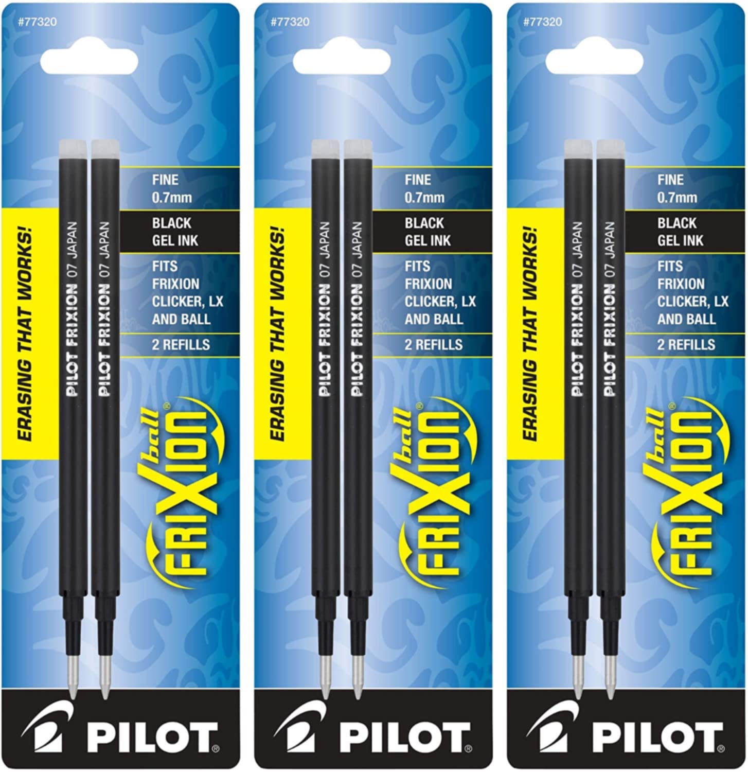 Pilot, Frixion Ball Gel Ink Refills For Erasable Pens, Fine Point 0.7 Mm, Pack Of 6 (3 Packs Of 2), Black