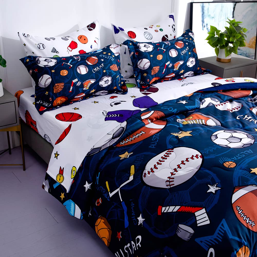 Wajade Sports Comforter Set Bed In A Bag Twin Size 7 Piece 3D Soccer Basketball Baseball Football Bedding Set For Kids Boys (1 C
