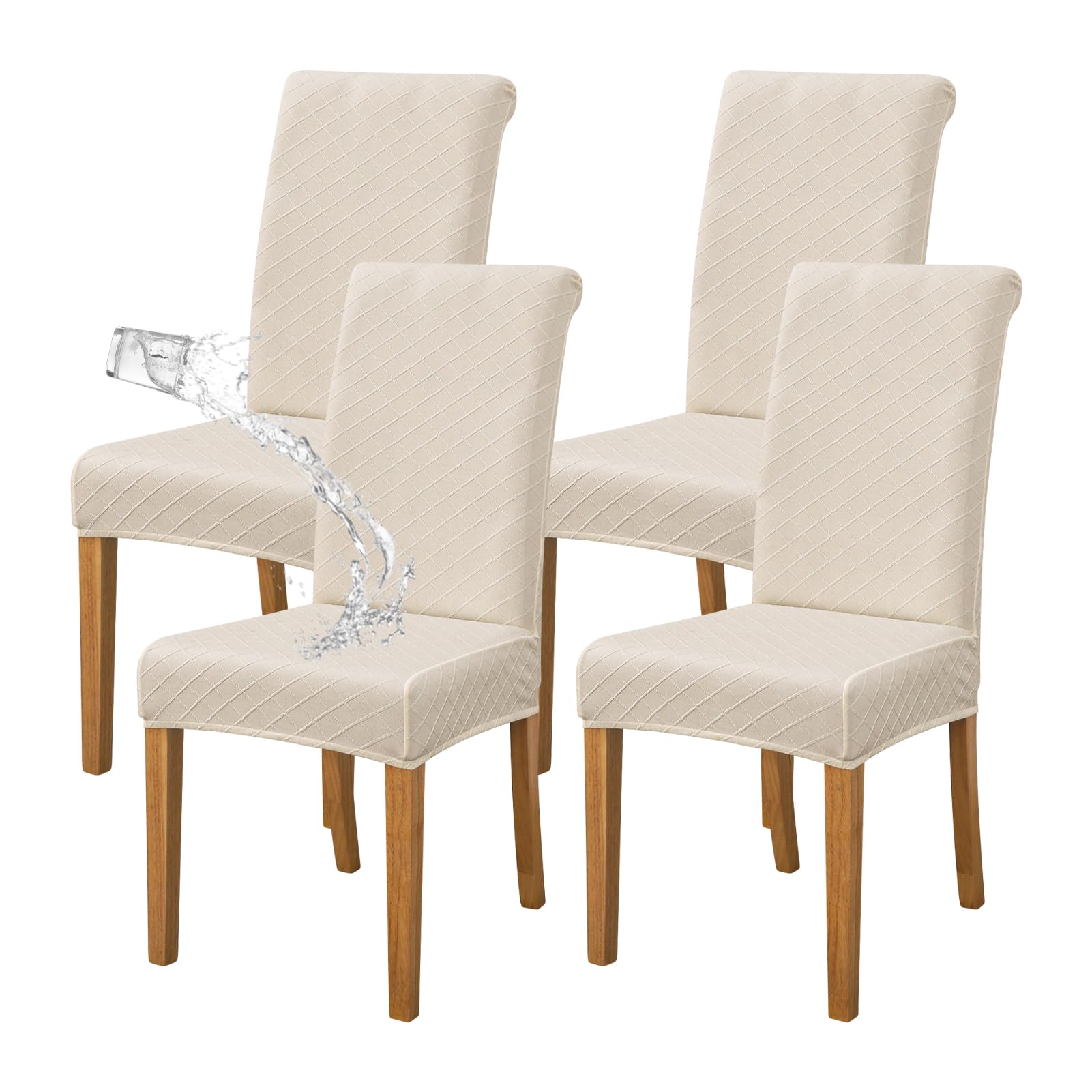 FORCHEER Waterproof Chair Covers for Dining Room Set of 4 Beige Jacquard Kitchen Chair Slipcovers for Parson Chairs Elastic Wash