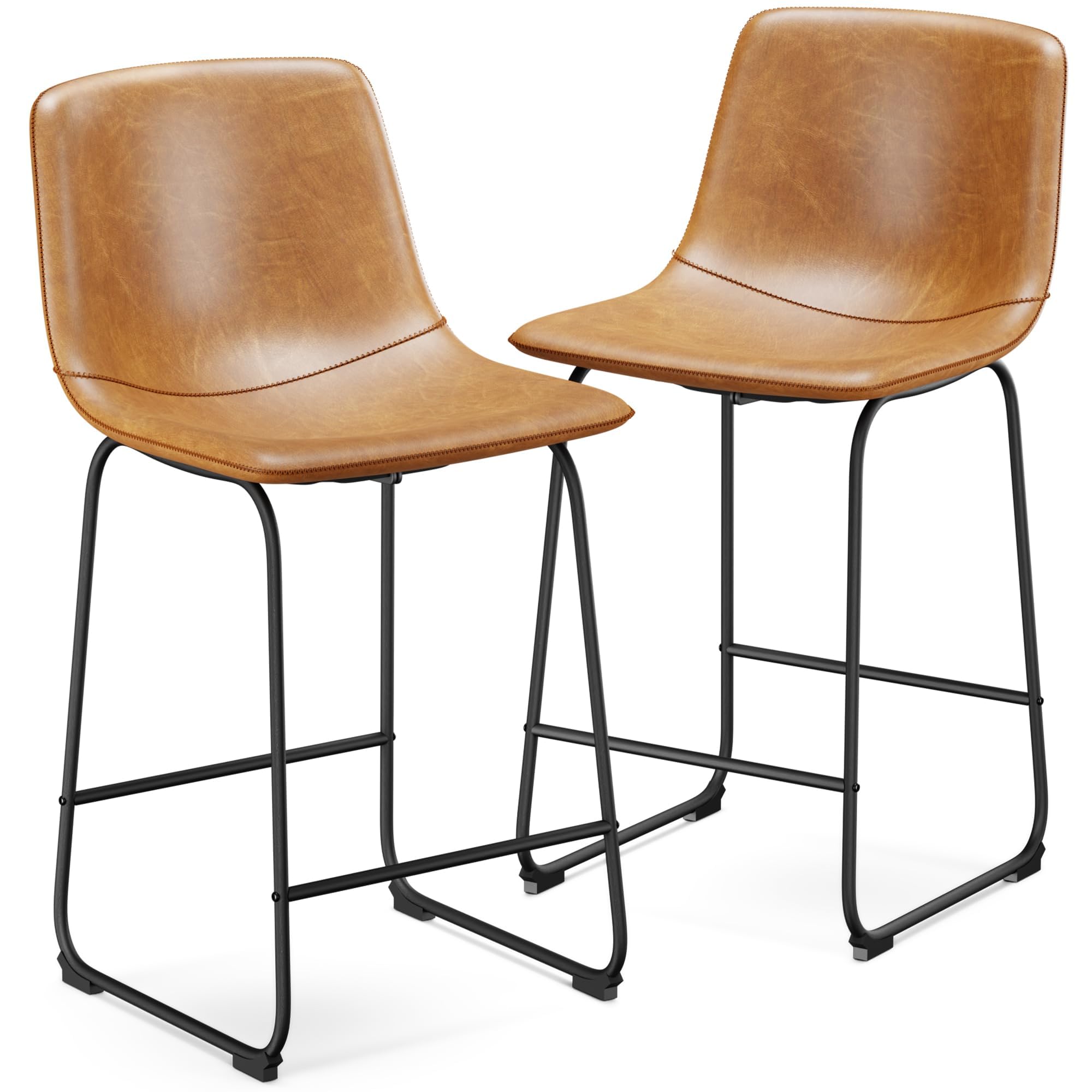 Aowos Bar Stools Set of 2, Modern Counter Height Bar Stools with Back, 26 inch Faux Leather Bar Stools with Metal Legs and Footr