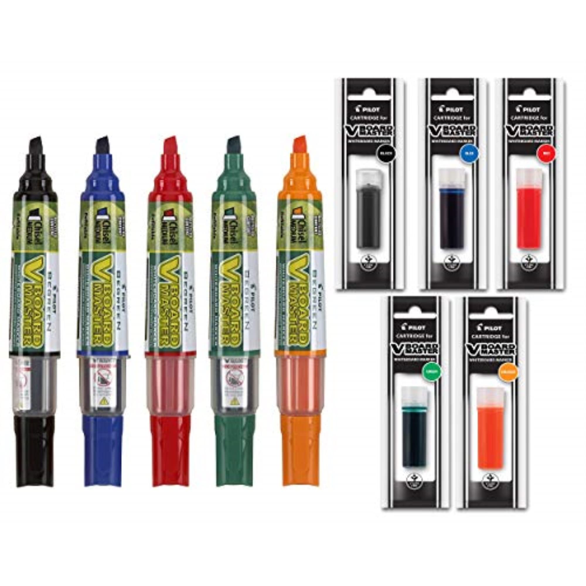 Refillable Dry Erase Markers, Pilot Begreen V Board Master Assorted Colors, 5-Pack With 1 Refill For Each Marker