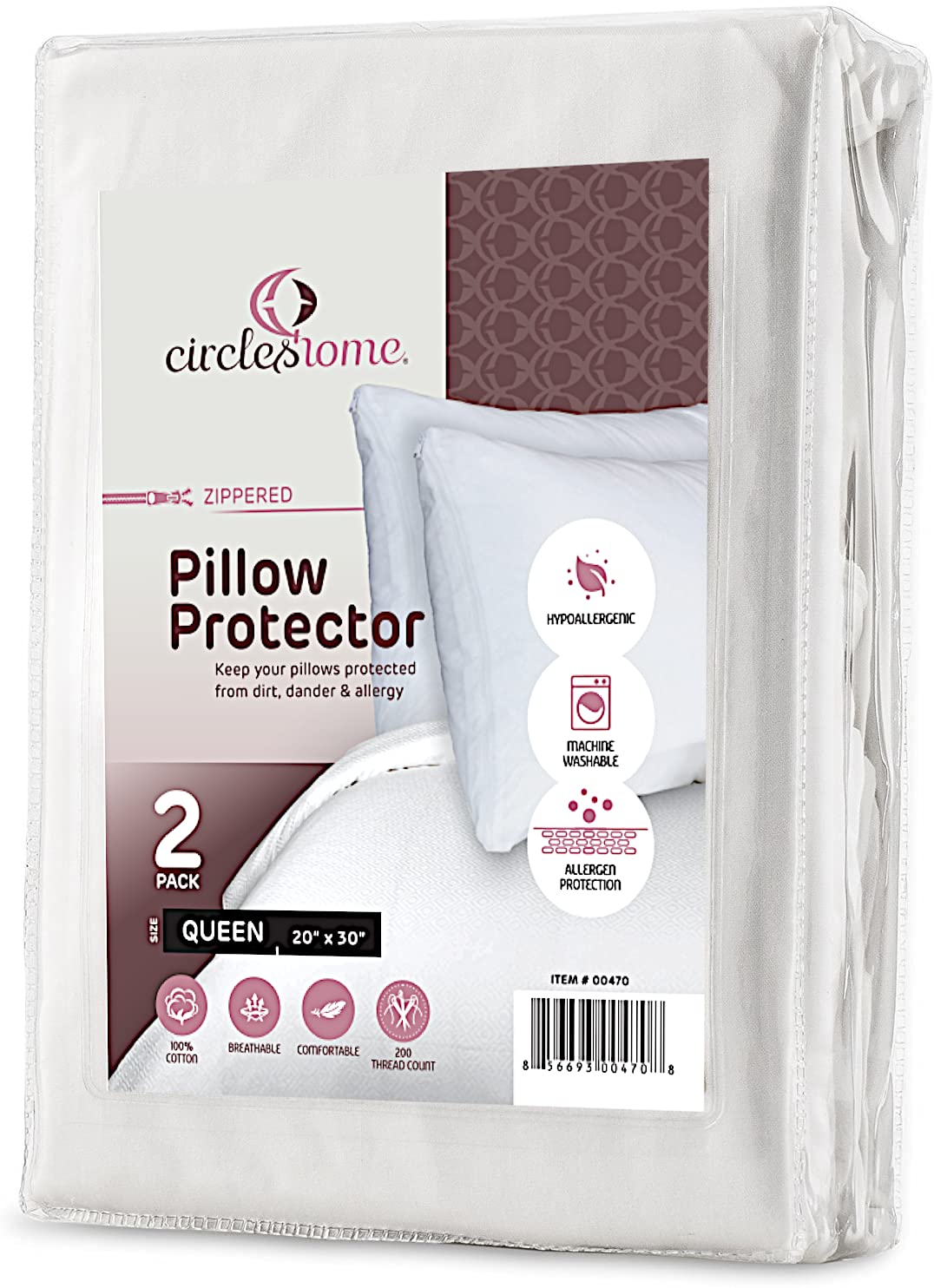 Zippered Pillow Protectors 100% Cotton, Breathable & Quiet (2 Pack) White Pillow Covers Protects From Dirt, Particles S & Debris