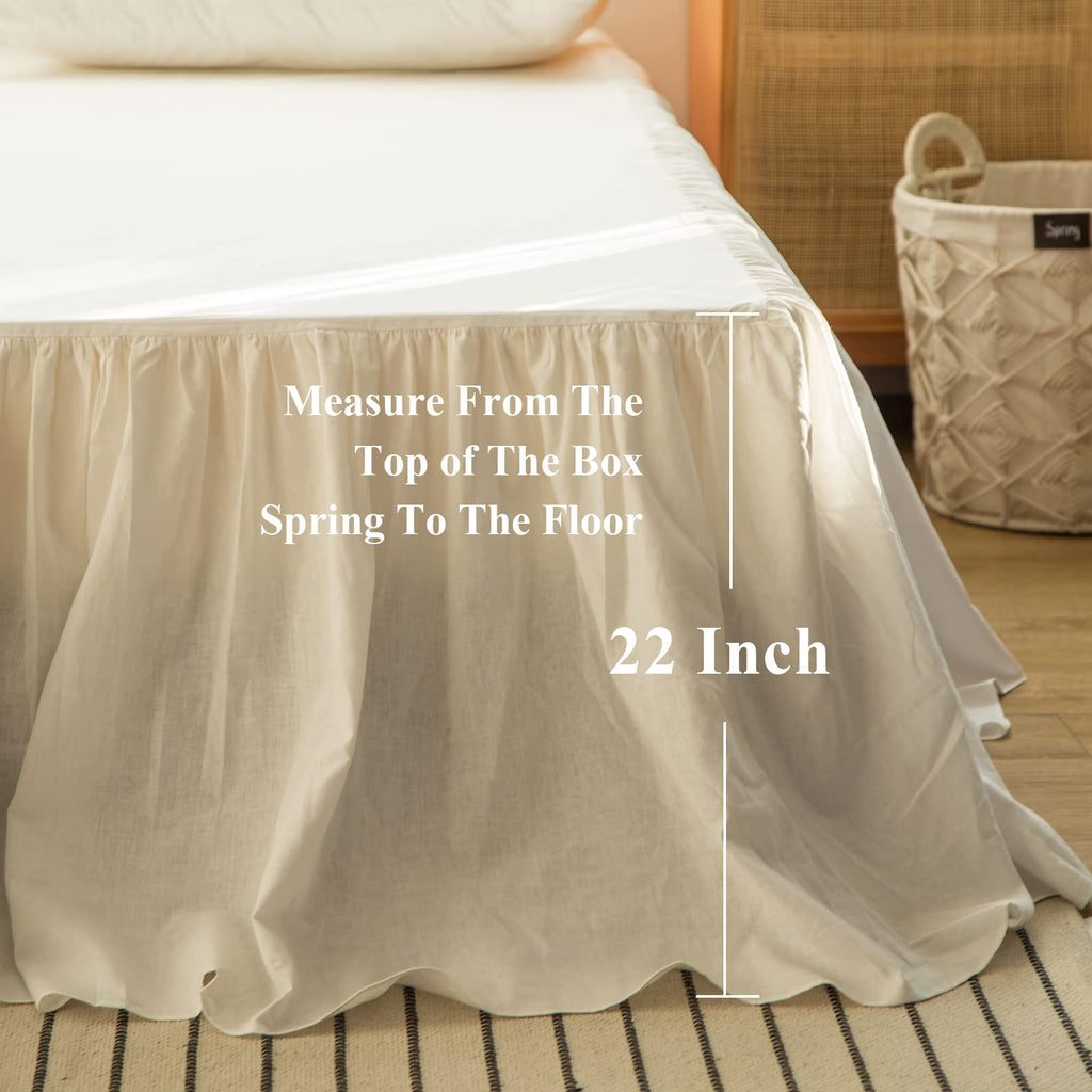 Biselina French Linen Bed Skirt With Pleated Frills 22-Inch Tailored Drop Natural Flax Cotton Blend Dust Ruffle Soft Cozy Farmho